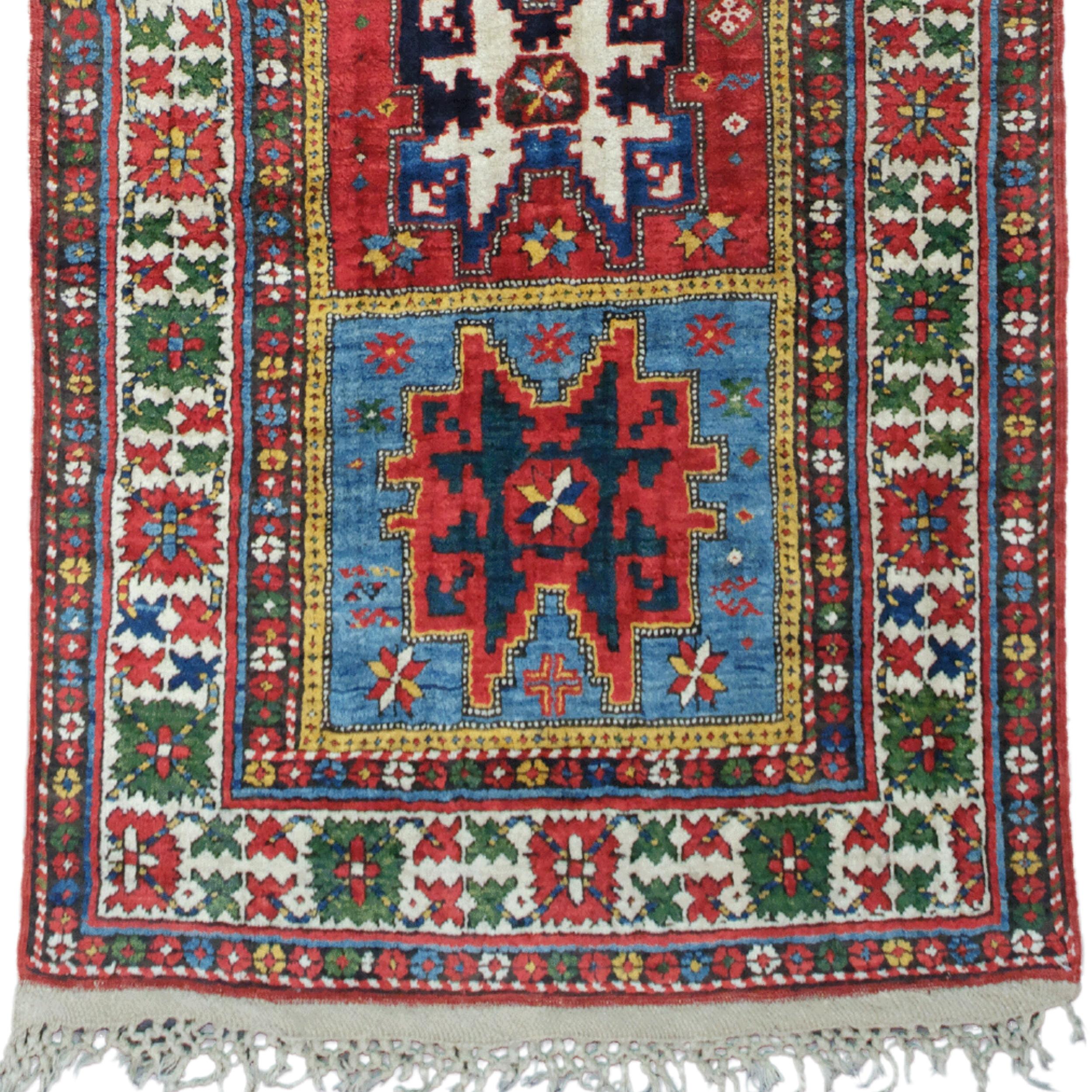 Alfombra larga geométrica de colores con aspecto tribal - Lezgi caucásico en Bueno estado para la venta en Sultanahmet, 34