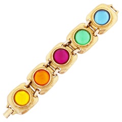 Vintage Colorful Glass Cabochon Hammered Gold Link Statement Bracelet By Gemcraft, 1980s