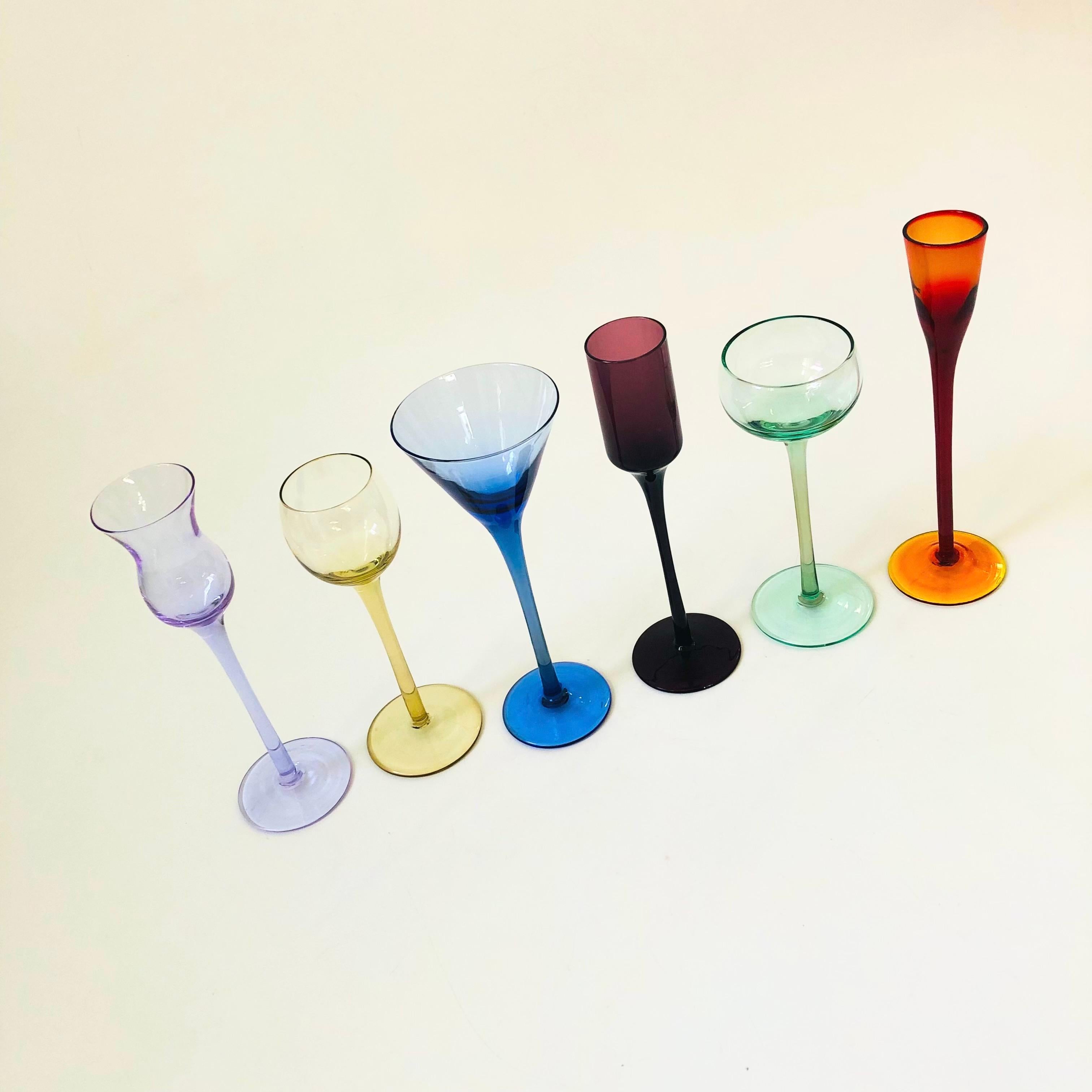 A wonderful set of 6 vintage colorful stemmed cordials. Each in a different shape and height.
Measure 1.25