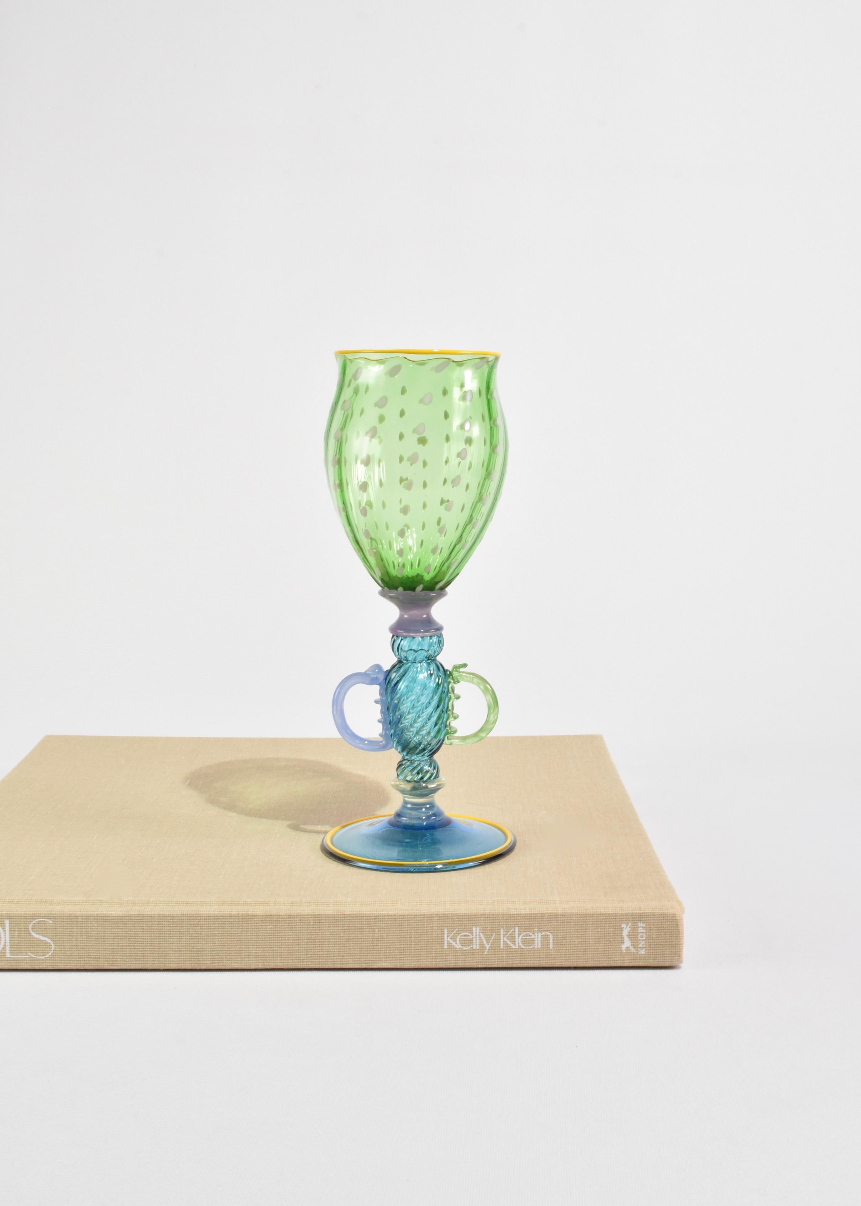 Colorful Venetian inspired glass goblet set by renowned artist, Robert Dane. Etched initials, RD, on the base. Please note the goblets vary slightly in height.