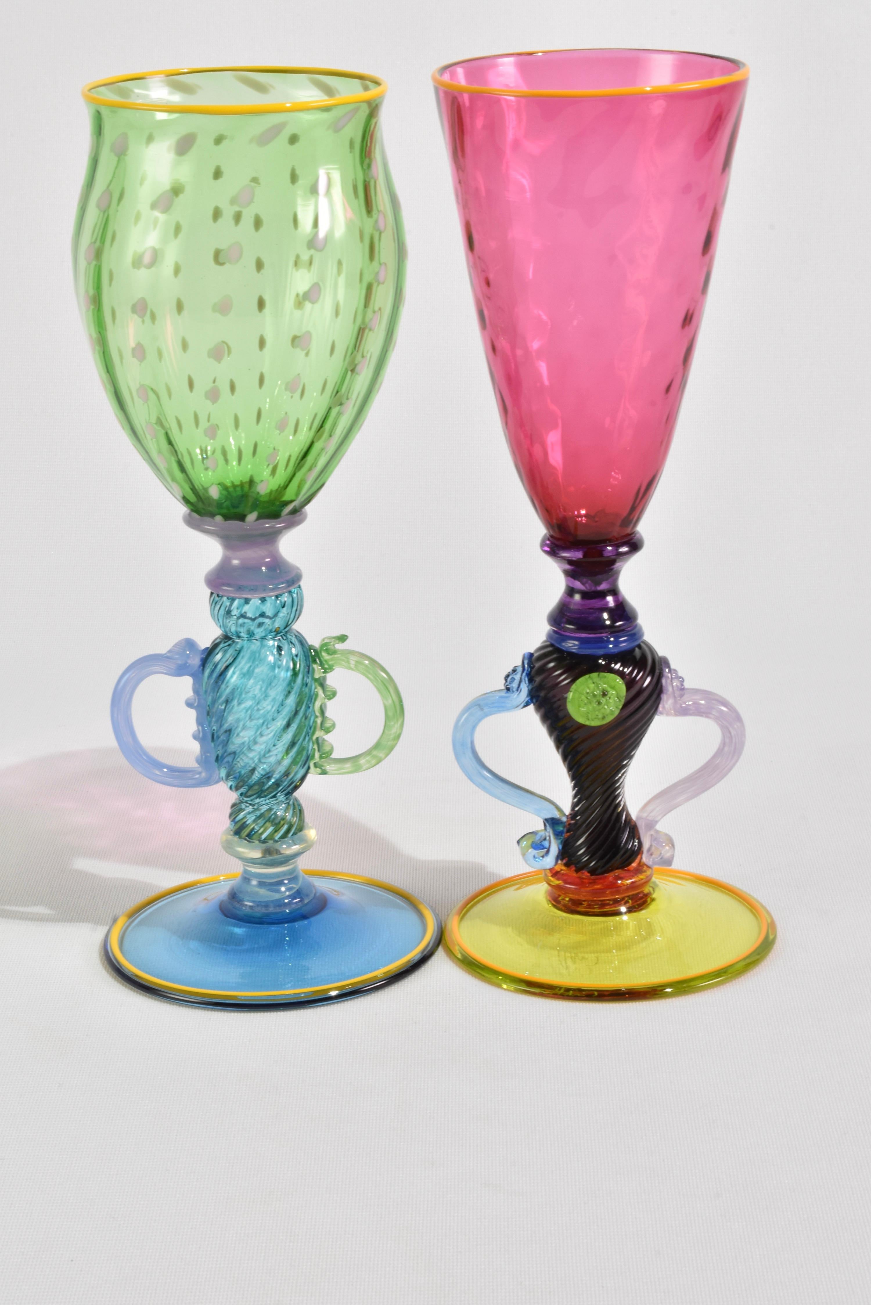 Colorful Glass Goblet Set In Excellent Condition For Sale In Richmond, VA