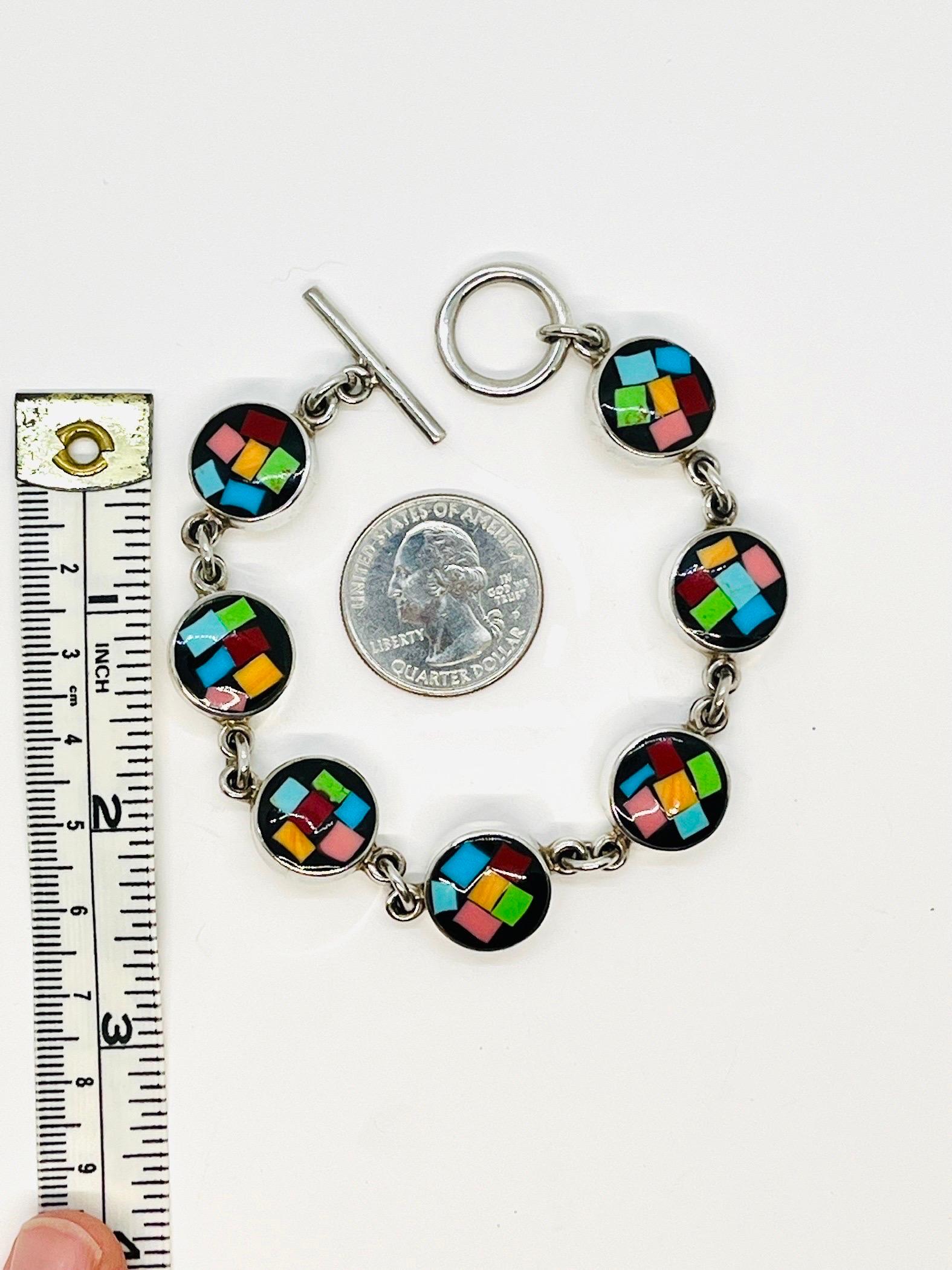 Colorful Glass Mosaic Inlay Artisan Bracelet, Toggle Closure, 925 Silver For Sale 7
