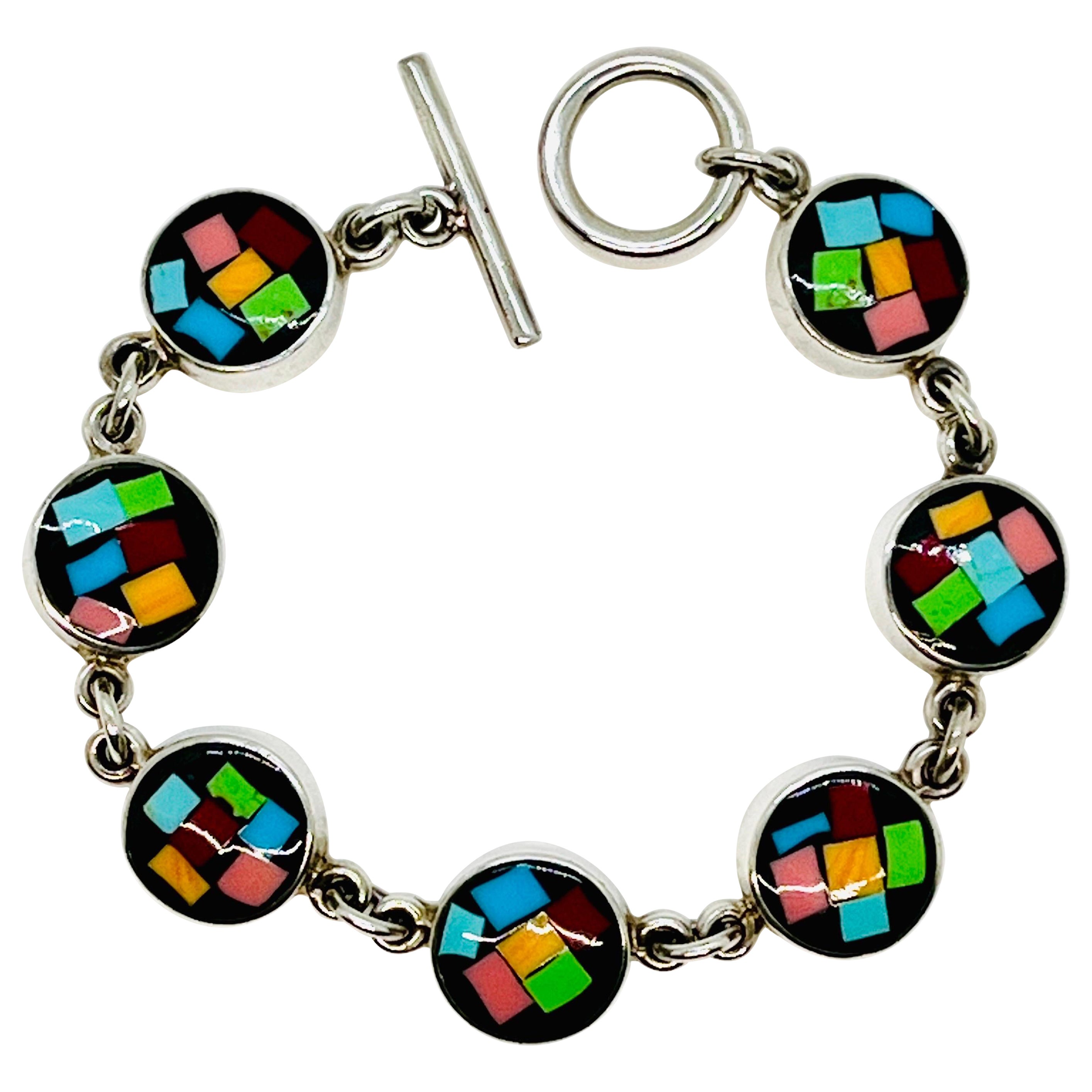 Buntes Glasmosaik-Inlay Kunsthandwerker-Armband, Kippverschluss, 925 Silber im Angebot