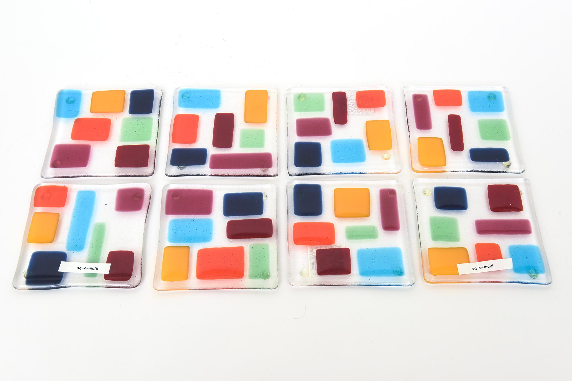 Murano Colorful Glass Fused Square Coasters Set of 8 Barware For Sale 4