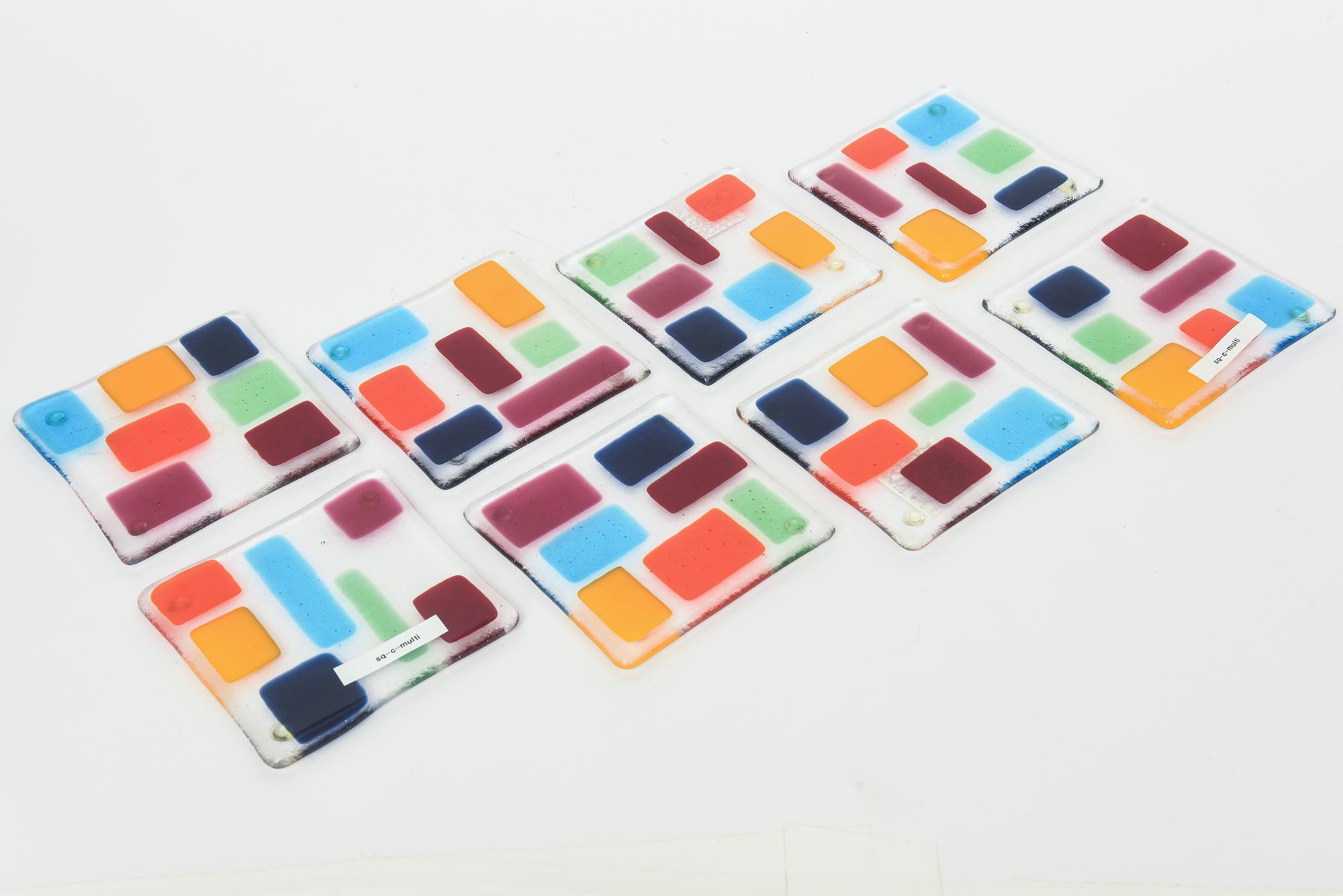 Modern Colorful Glass Square Coasters Set of 8 Barware For Sale