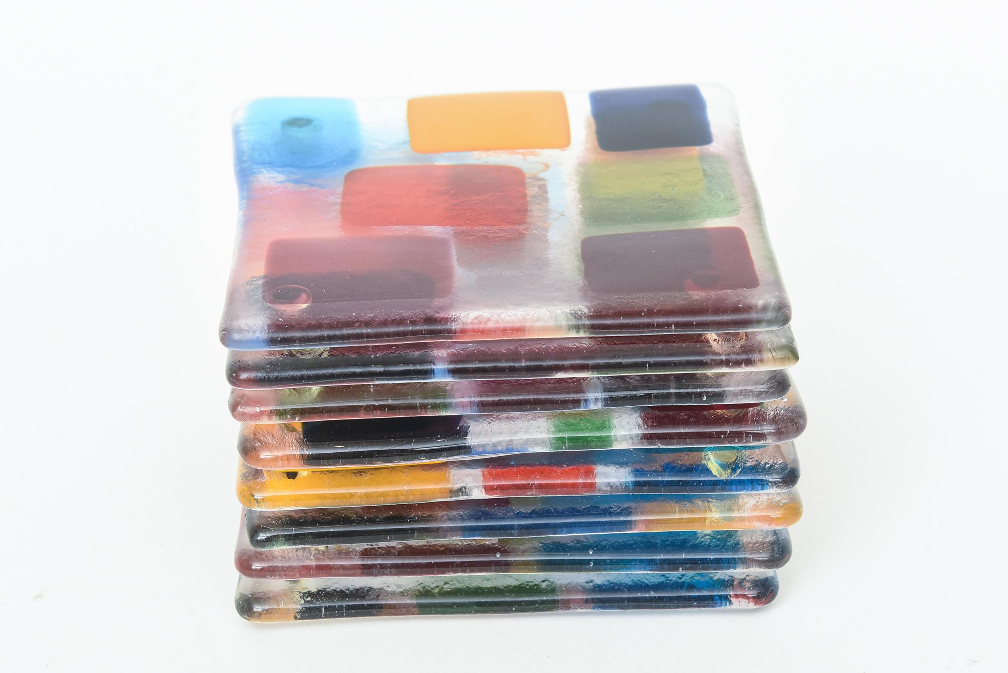 American Murano Colorful Glass Fused Square Coasters Set of 8 Barware For Sale