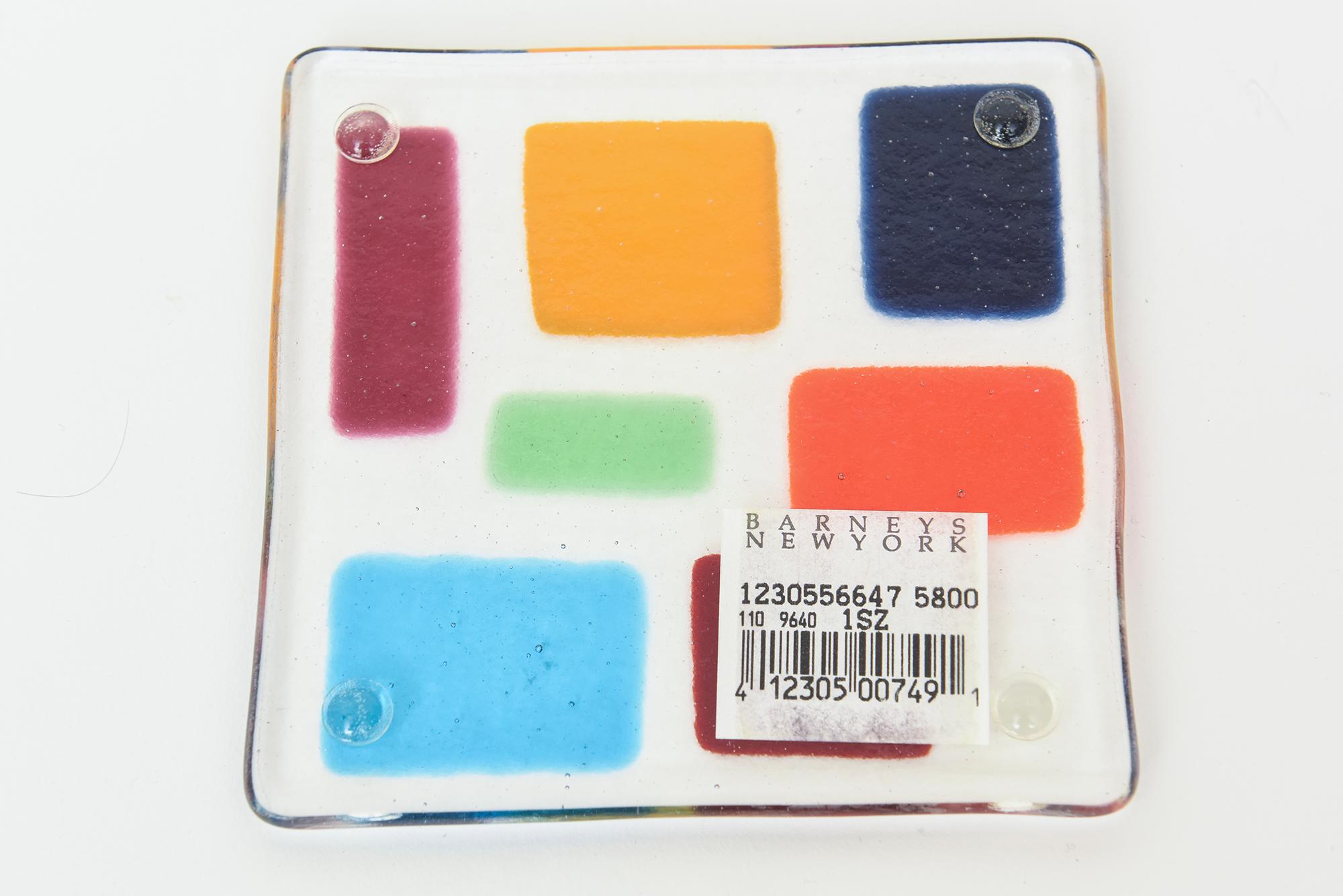 Late 20th Century Colorful Glass Square Coasters Set of 8 Barware For Sale