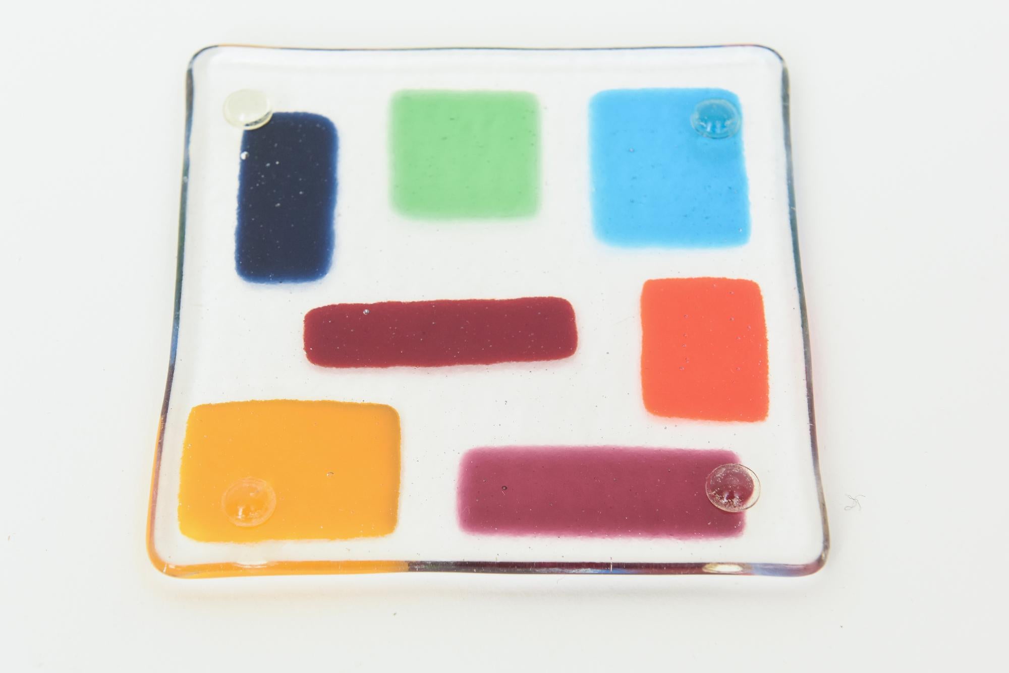 Murano Colorful Glass Fused Square Coasters Set of 8 Barware For Sale 1
