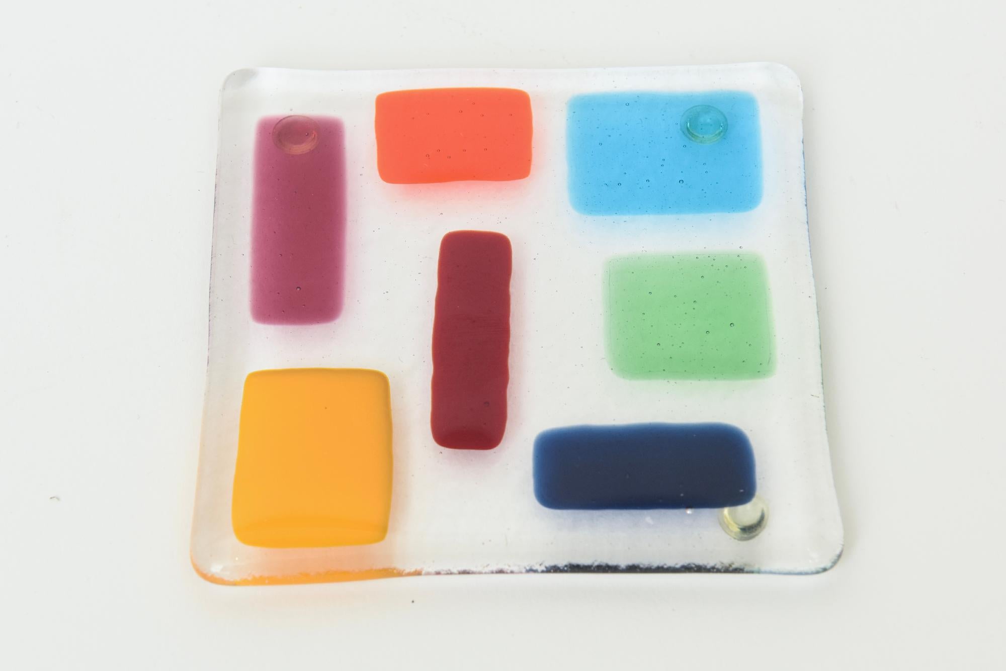 Murano Colorful Glass Fused Square Coasters Set of 8 Barware For Sale 2