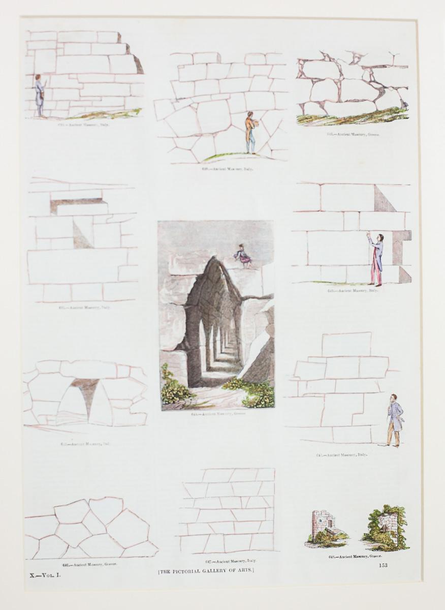 We present you this illustration printed from a book with depictions of the different shapes of walls.
This is one of the six graphics regarding construction. 
This graphic is made of passe-portout, framed in a wooden frame with glass.

Each