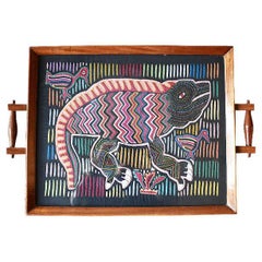Colorful Hand Embroidered Textile Wood and Glass Tray with Lizard Motif
