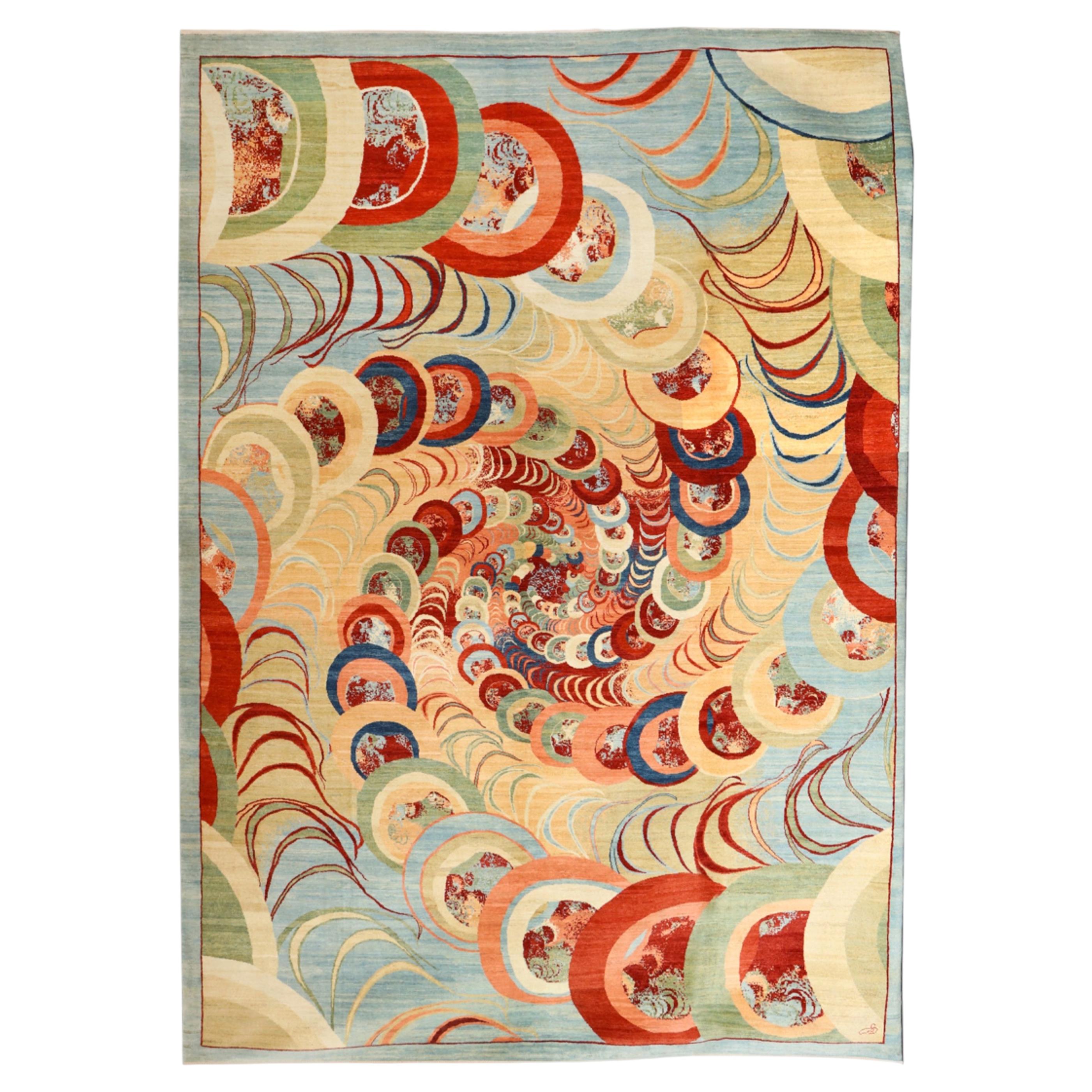 Farbenfroher, handgeknüpfter, abstrakter Wollteppich, großer Teppich im zeitgenössischen Stil, 10 x 14