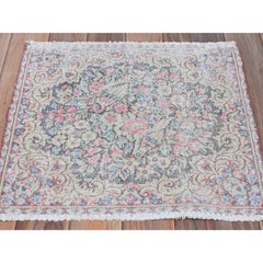 Colorful Hand Knotted Old Persian Kerman Cropped Thin Distressed Worn Wool Rug