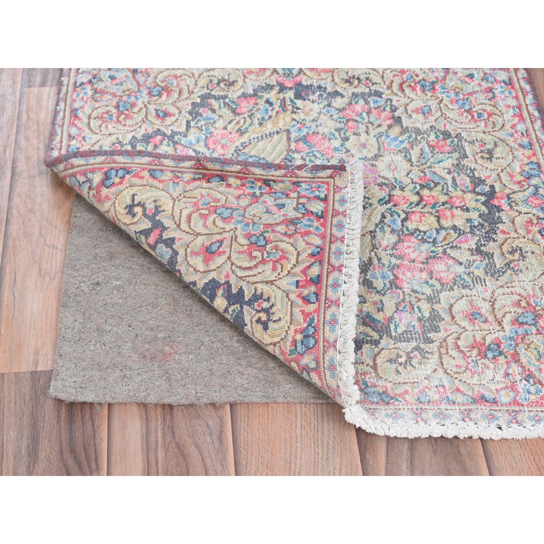 Medieval Colorful Hand Knotted Old Persian Kerman Cropped Thin Distressed Worn Wool Rug For Sale