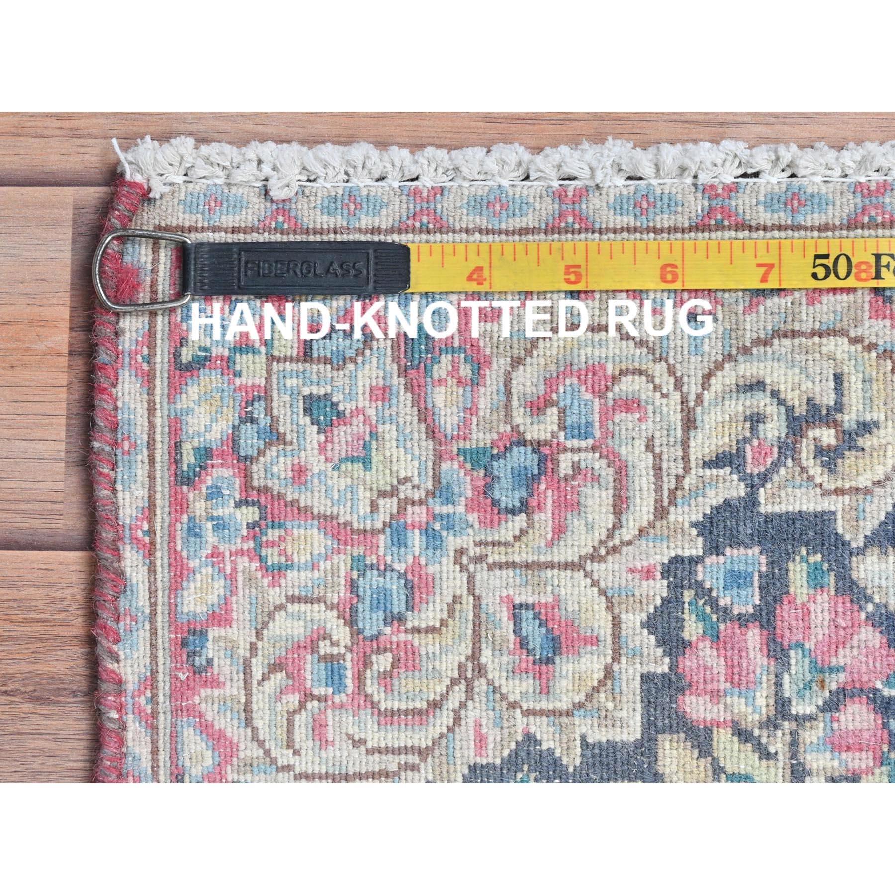 Colorful Hand Knotted Old Persian Kerman Cropped Thin Distressed Worn Wool Rug For Sale 1