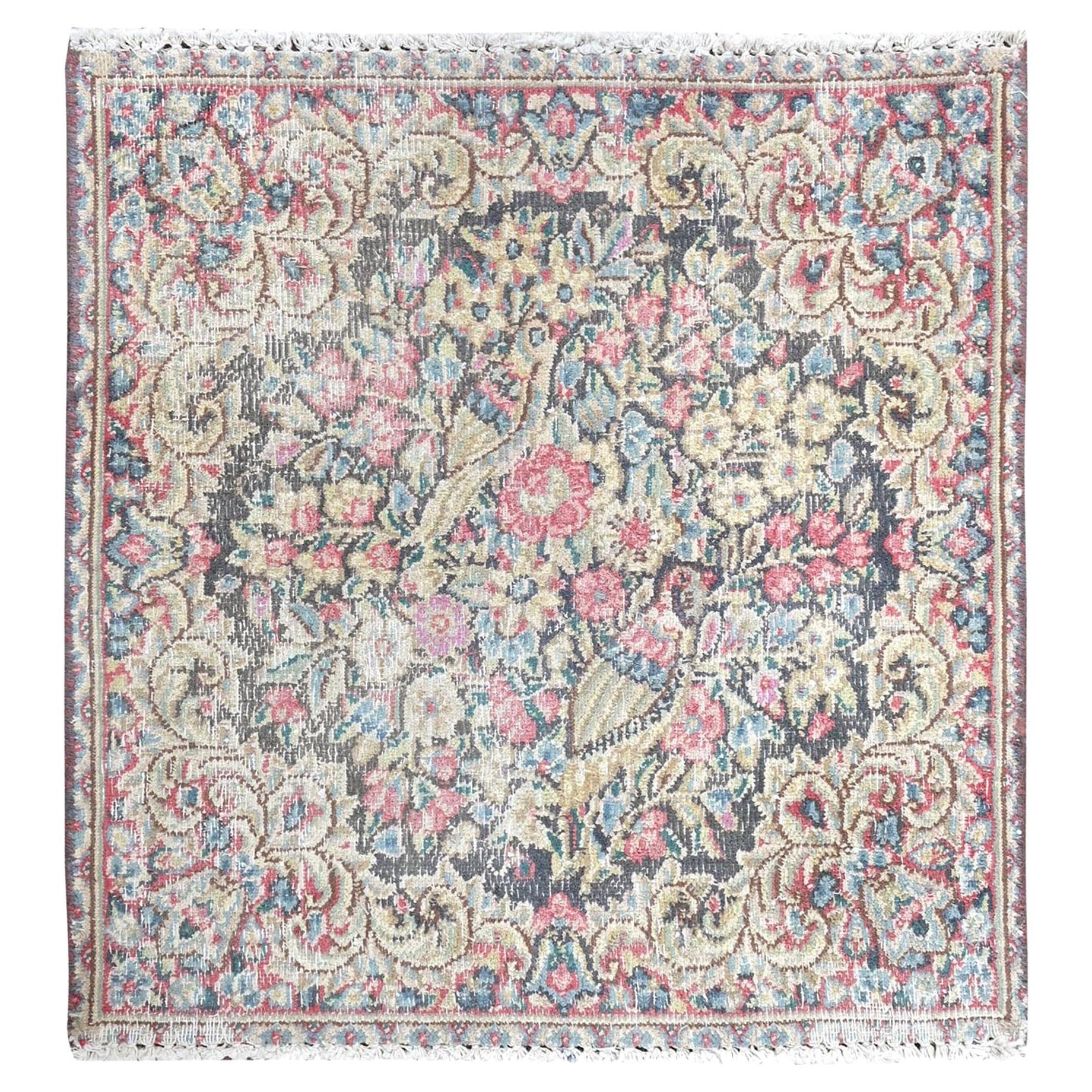 Colorful Hand Knotted Old Persian Kerman Cropped Thin Distressed Worn Wool Rug For Sale