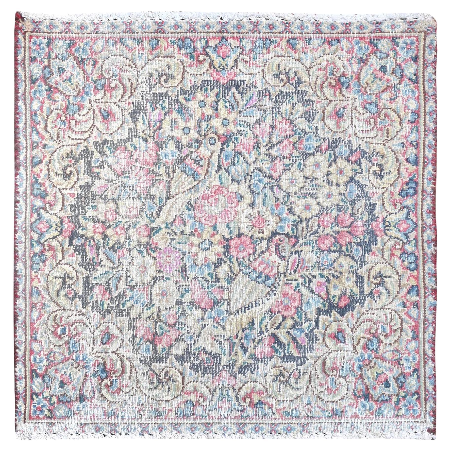 Colorful Hand Knotted Old Persian Kerman Cropped Thin Distressed Worn Wool Rug For Sale
