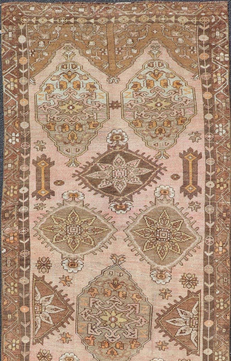 Hand-Knotted Colorful Hand Knotted Turkish Kars Galley Rug in Wool with Medallion Design For Sale