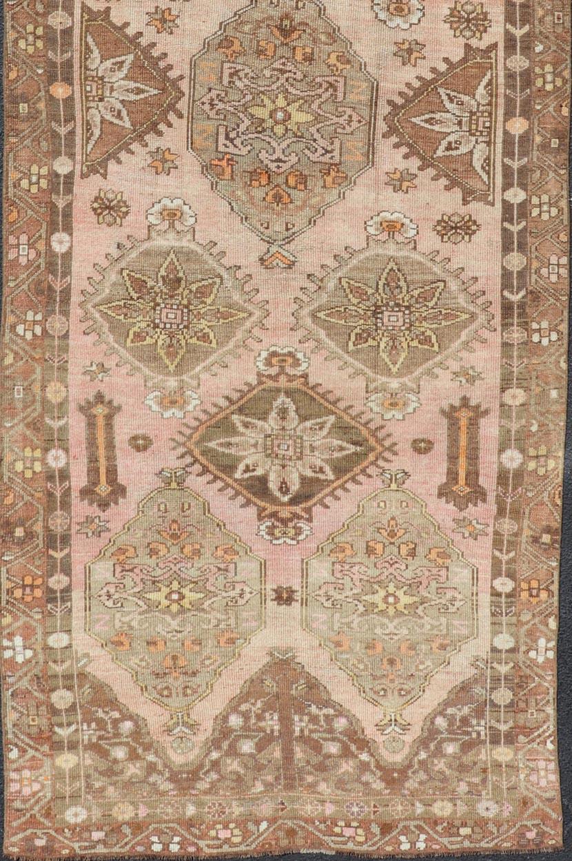 Mid-20th Century Colorful Hand Knotted Turkish Kars Galley Rug in Wool with Medallion Design For Sale