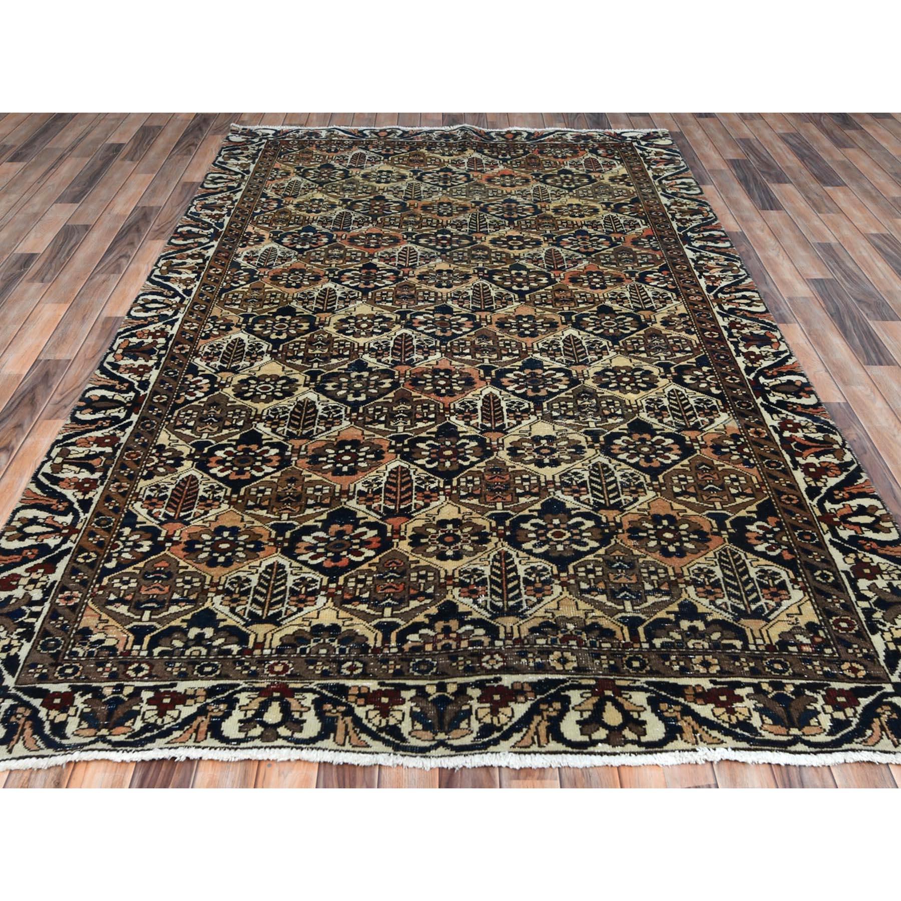 Medieval Colorful, Hand Knotted Vintage Persian Bakhtiar, Distressed Look Worn Wool Rug For Sale