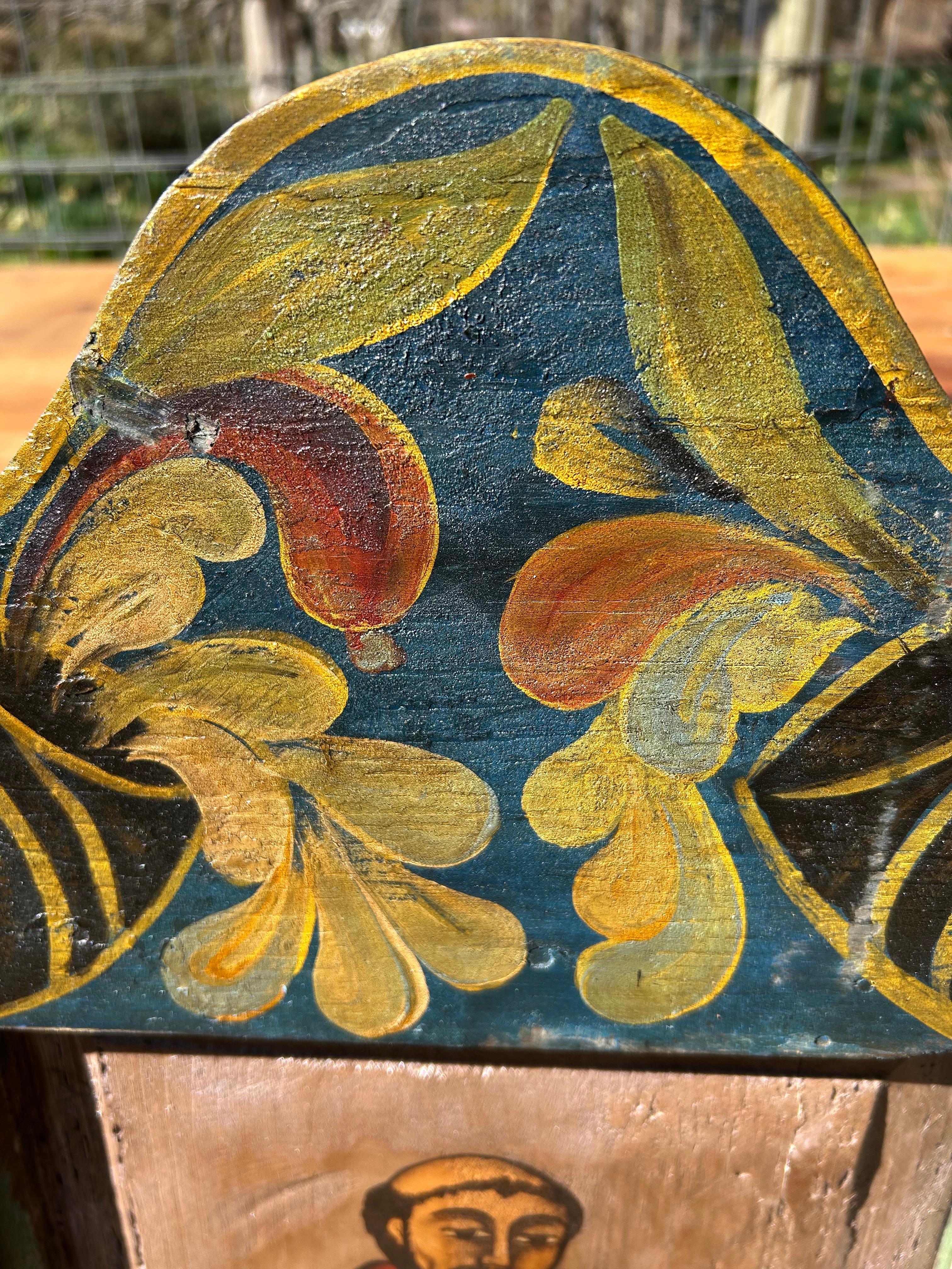 Colorful Hand Made Mexican Folk Art Icon Painting In Distressed Condition For Sale In Hopewell, NJ
