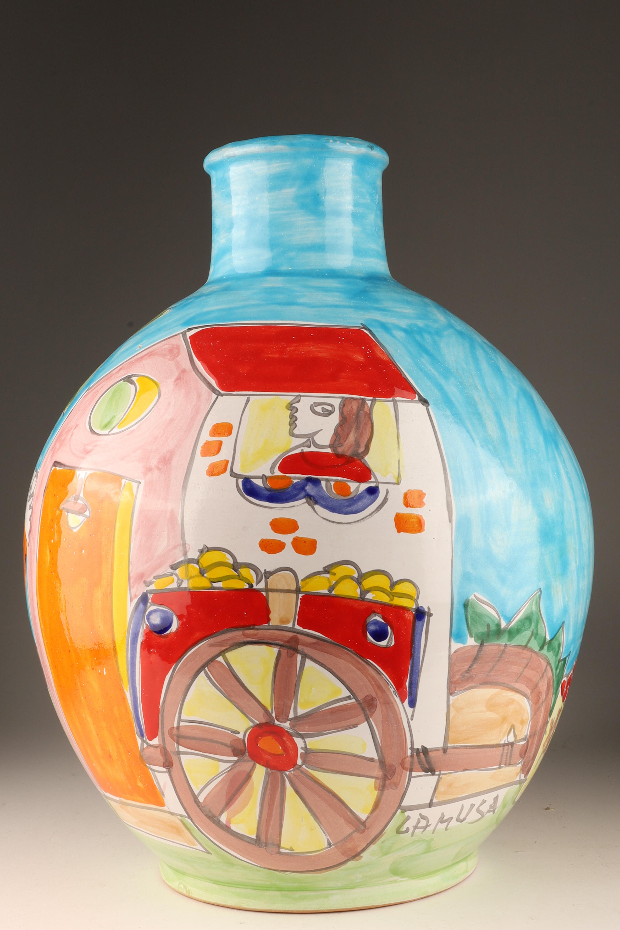 Whimsical Sicilian ceramic vase by Musa showing sicilian merchants.