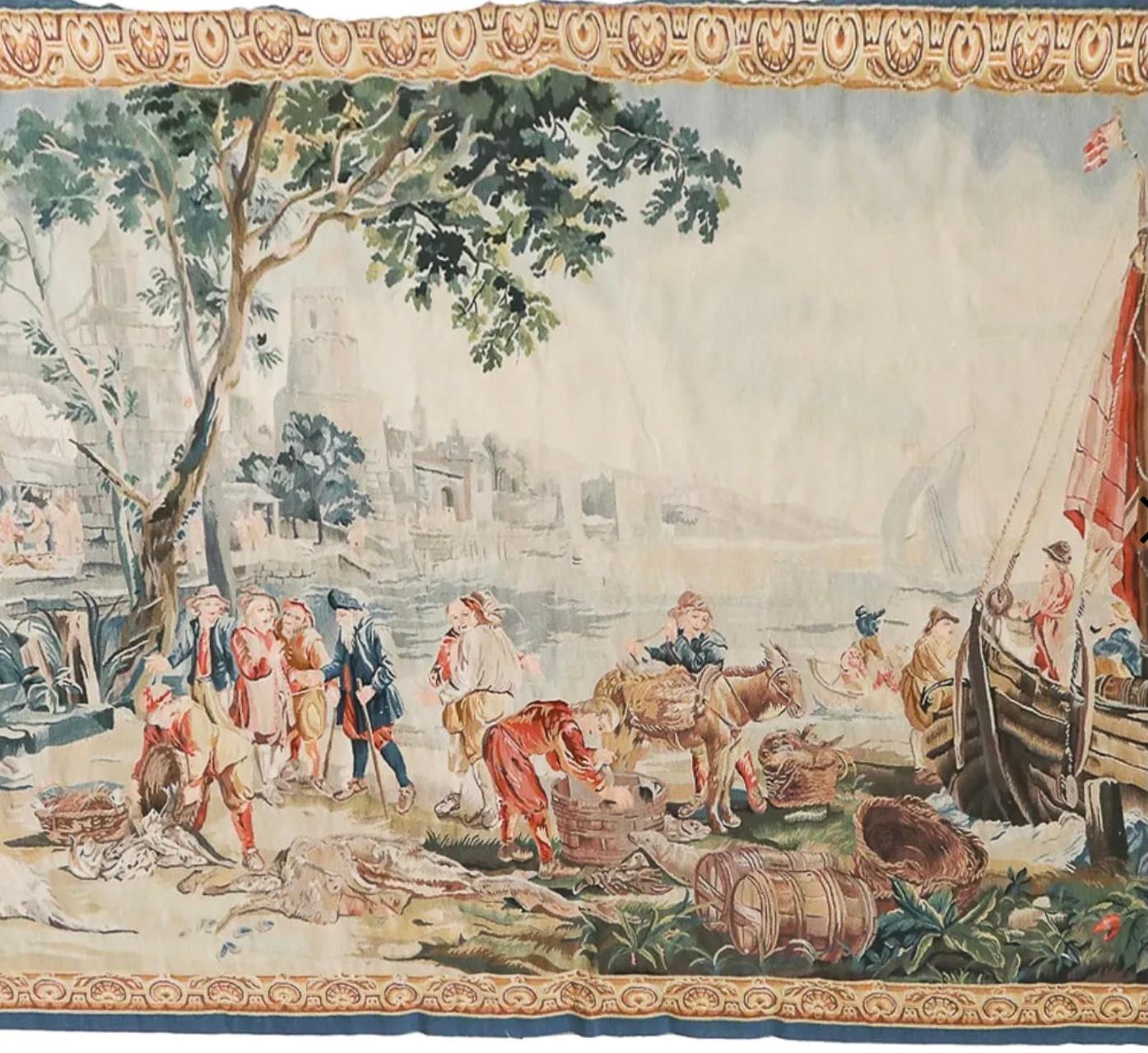 Mid-century Hand Woven Hanging Wall Tapestry Depicting European Coastal Fish Market Scene, Featuring Merchant Ship Unloading and Selling its Daily Catch, Colors Having Faded Look to Include Well Positioned Reds, a Lighter Field Color of Beige to