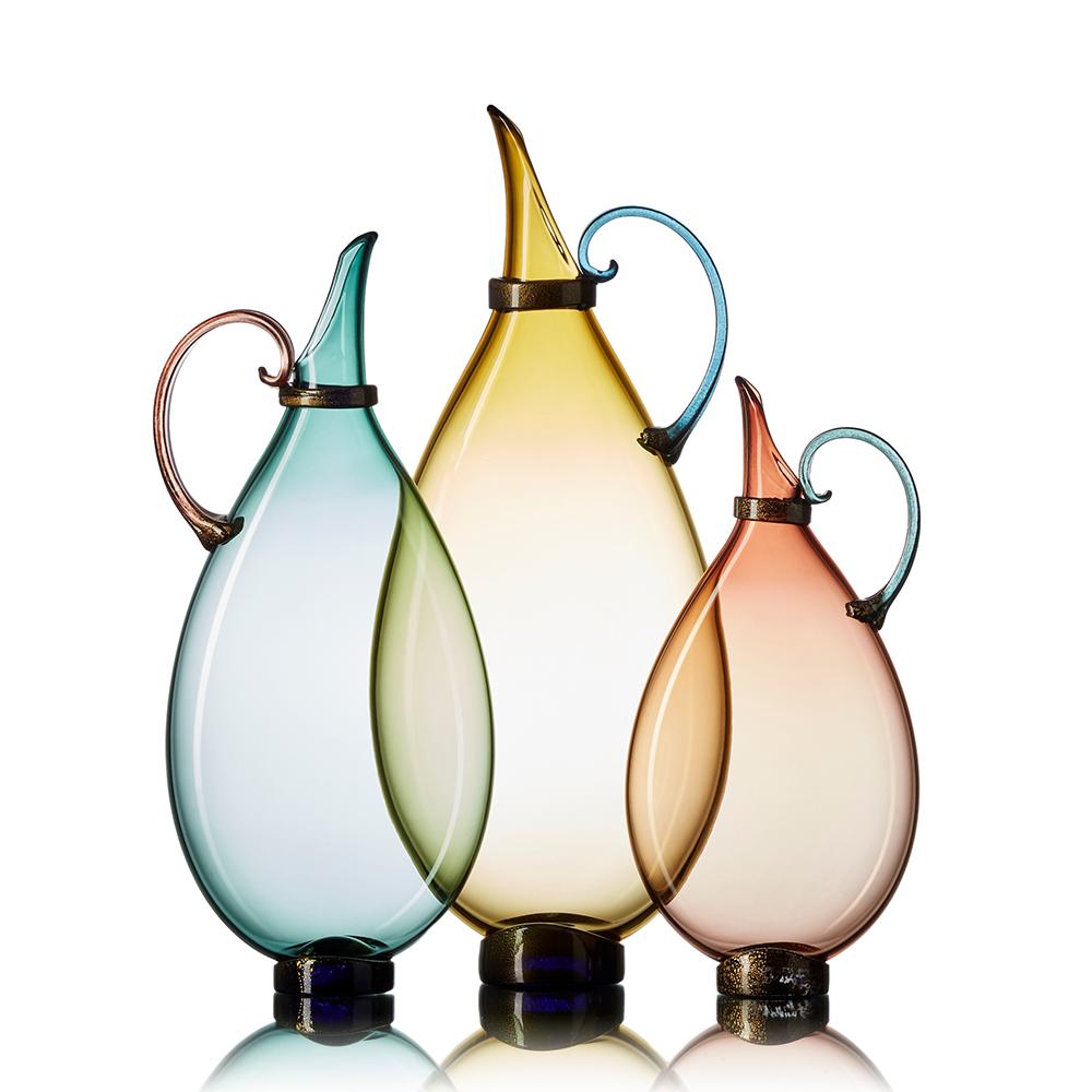 American Colorful Handblown Art Glass Carafe, Blue-Green Jewel Tone with Gold Leaf Detail For Sale