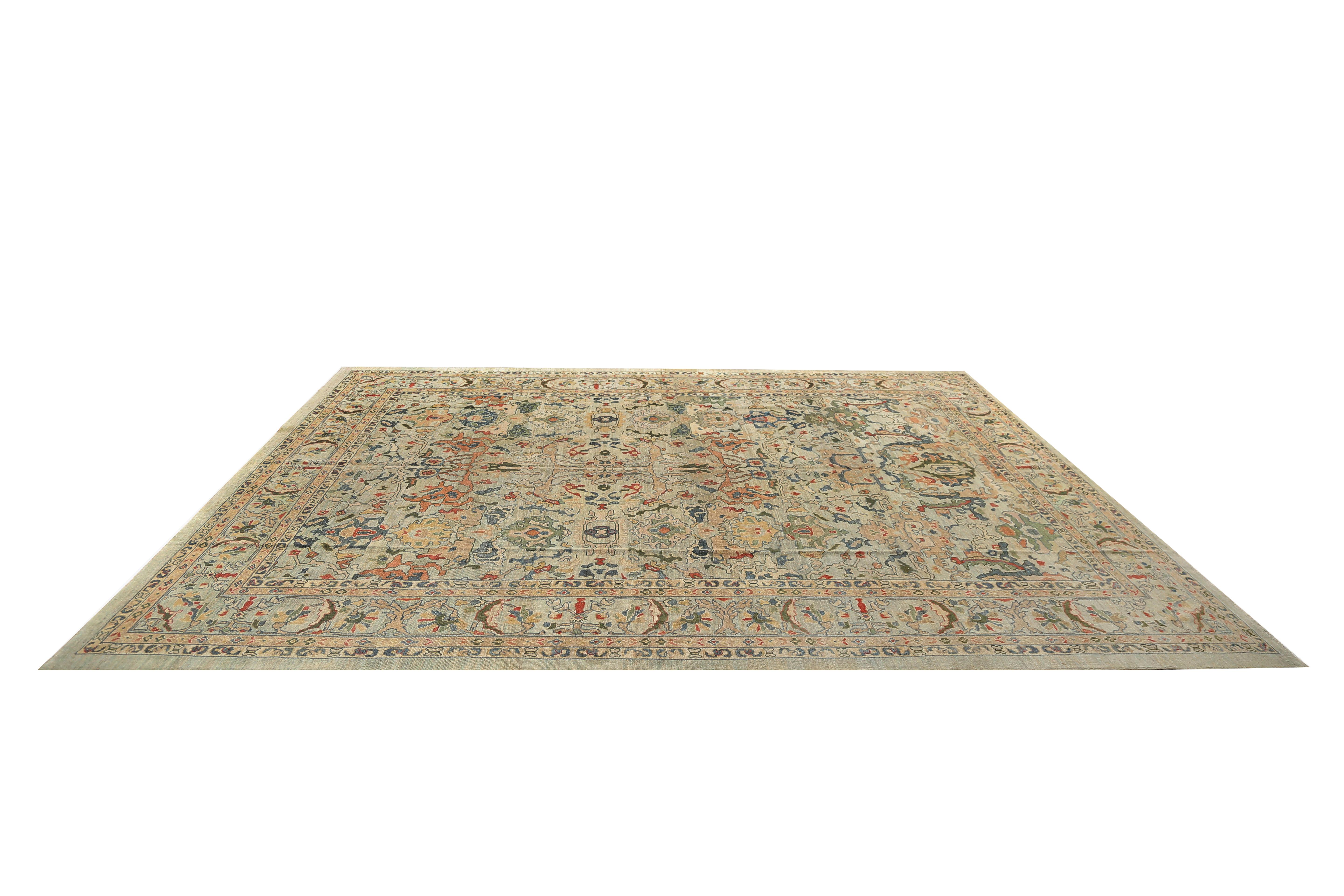 Introducing our stunning handmade Turkish Sultanabad rug, perfect for adding a touch of elegance and vibrancy to any space. With a beautiful beige background and blended border design, this rug is a true work of art. The colorful and vibrant design