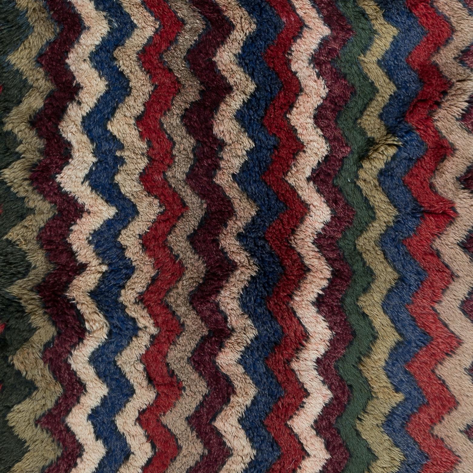 Turkish Colorful Handmade Tulu Rug, Zig Zag Design Modern Bespoke Carpet, 100% Wool For Sale