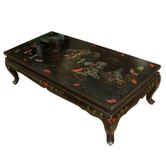 Colorful Handpainted Asian Ebonized Lacquered Coffee Table
