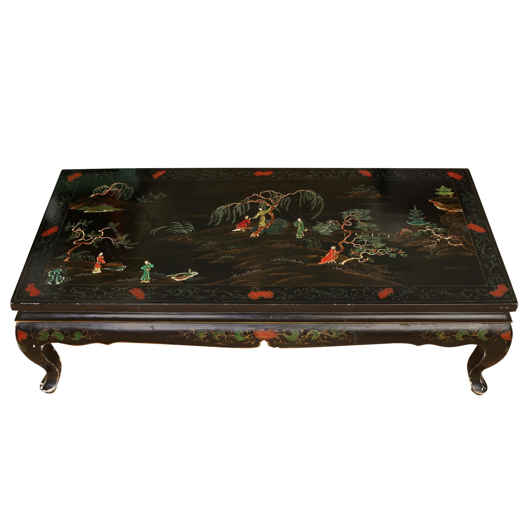 20th Century Colorful Handpainted Asian Ebonized Lacquered Coffee Table For Sale