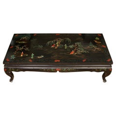 Colorful Handpainted Asian Ebonized Lacquered Coffee Table