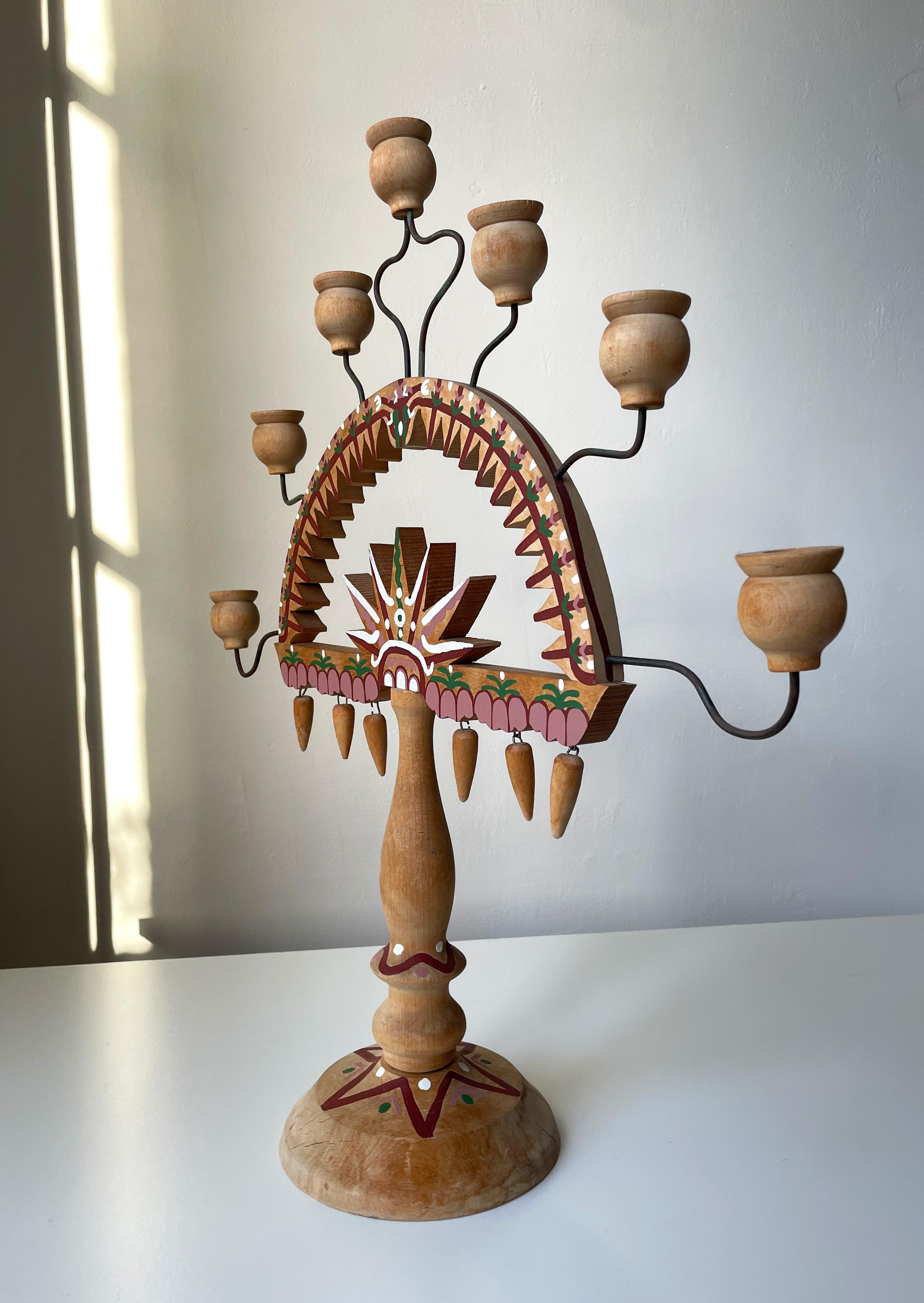Swedish Vintage Folk Art Handpainted Wooden Candelabra, 1960s - Two Available For Sale 5