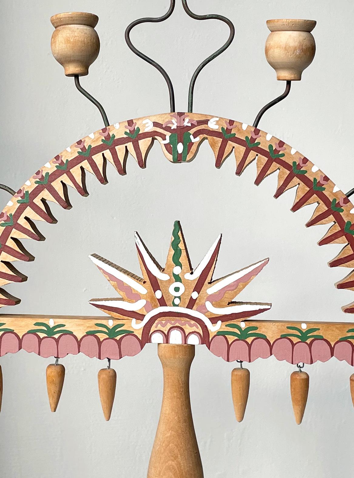Hand-Carved Swedish Vintage Folk Art Handpainted Wooden Candelabra, 1960s - Two Available For Sale