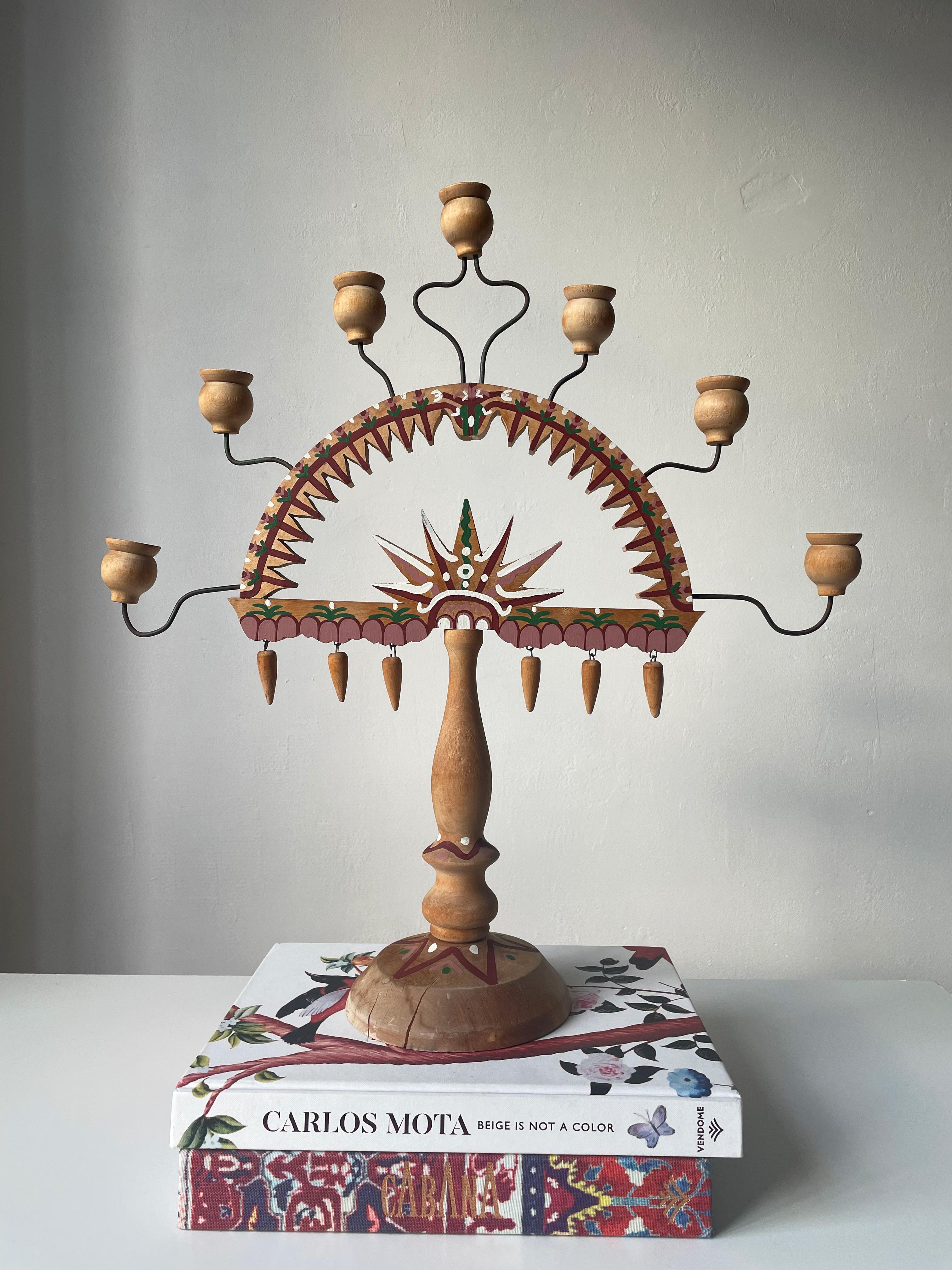 Swedish Vintage Folk Art Handpainted Wooden Candelabra, 1960s - Two Available For Sale 1