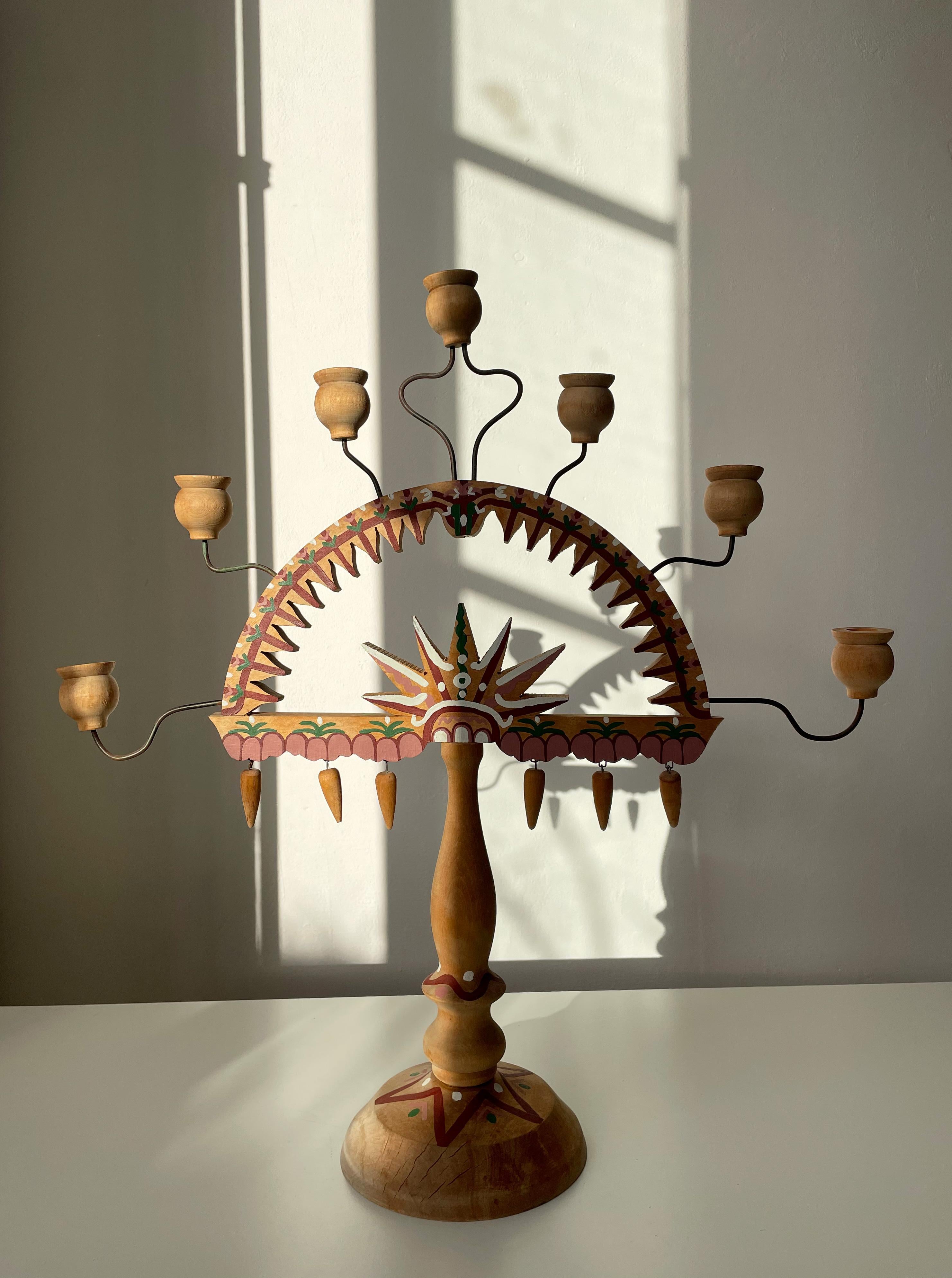 Swedish Vintage Folk Art Handpainted Wooden Candelabra, 1960s - Two Available For Sale 3