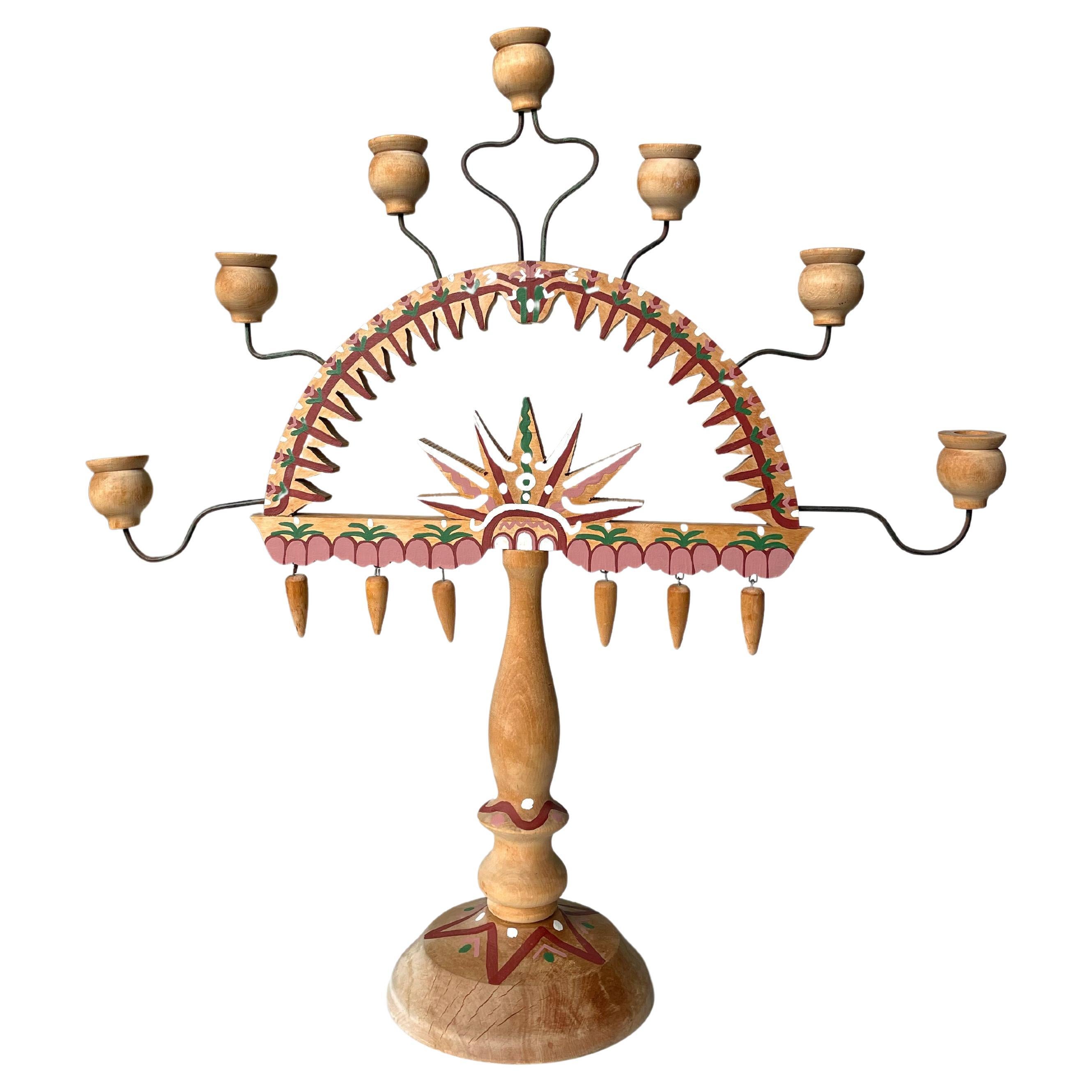 Swedish Vintage Folk Art Handpainted Wooden Candelabra, 1960s - Two Available For Sale
