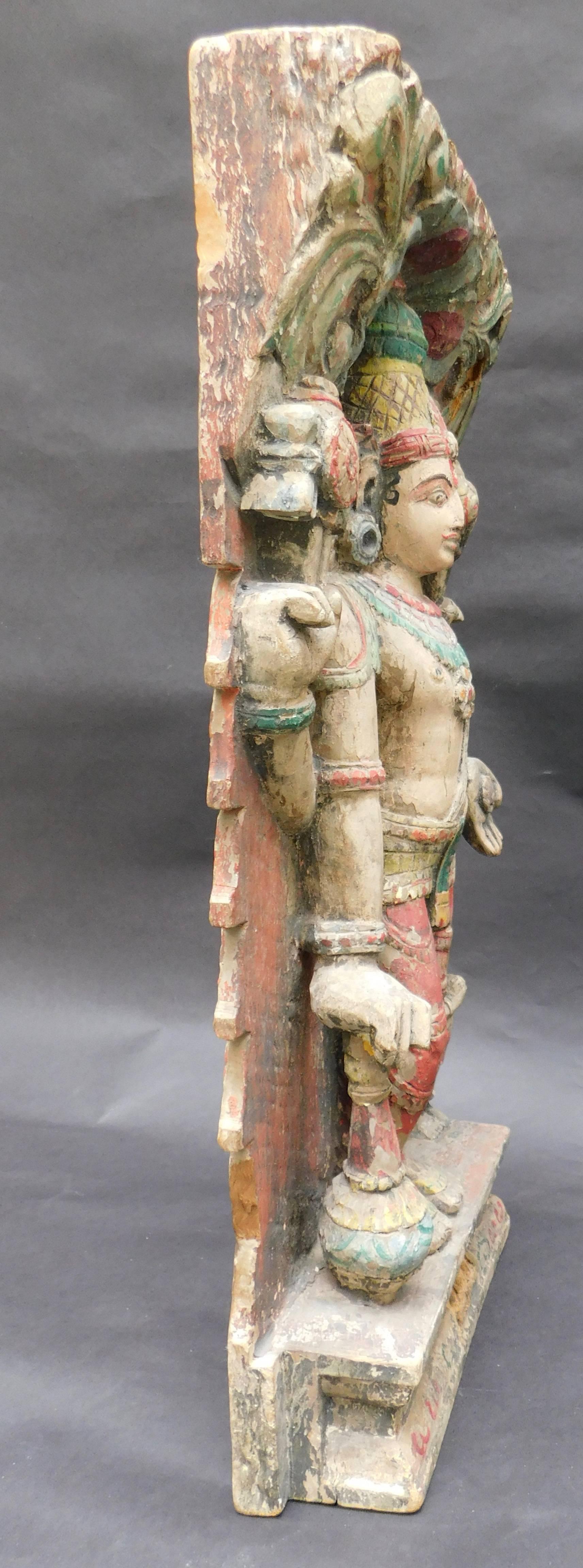 20th Century Colorful Hindu Indian Carved Wood Vishnu Temple Statue Retaining Original Paint For Sale