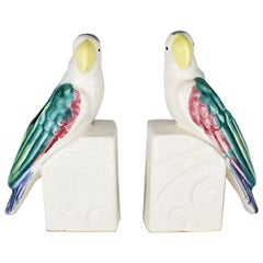 Colorful Hollywood Regency Ceramic Parrot Vase Bookends, a Pair