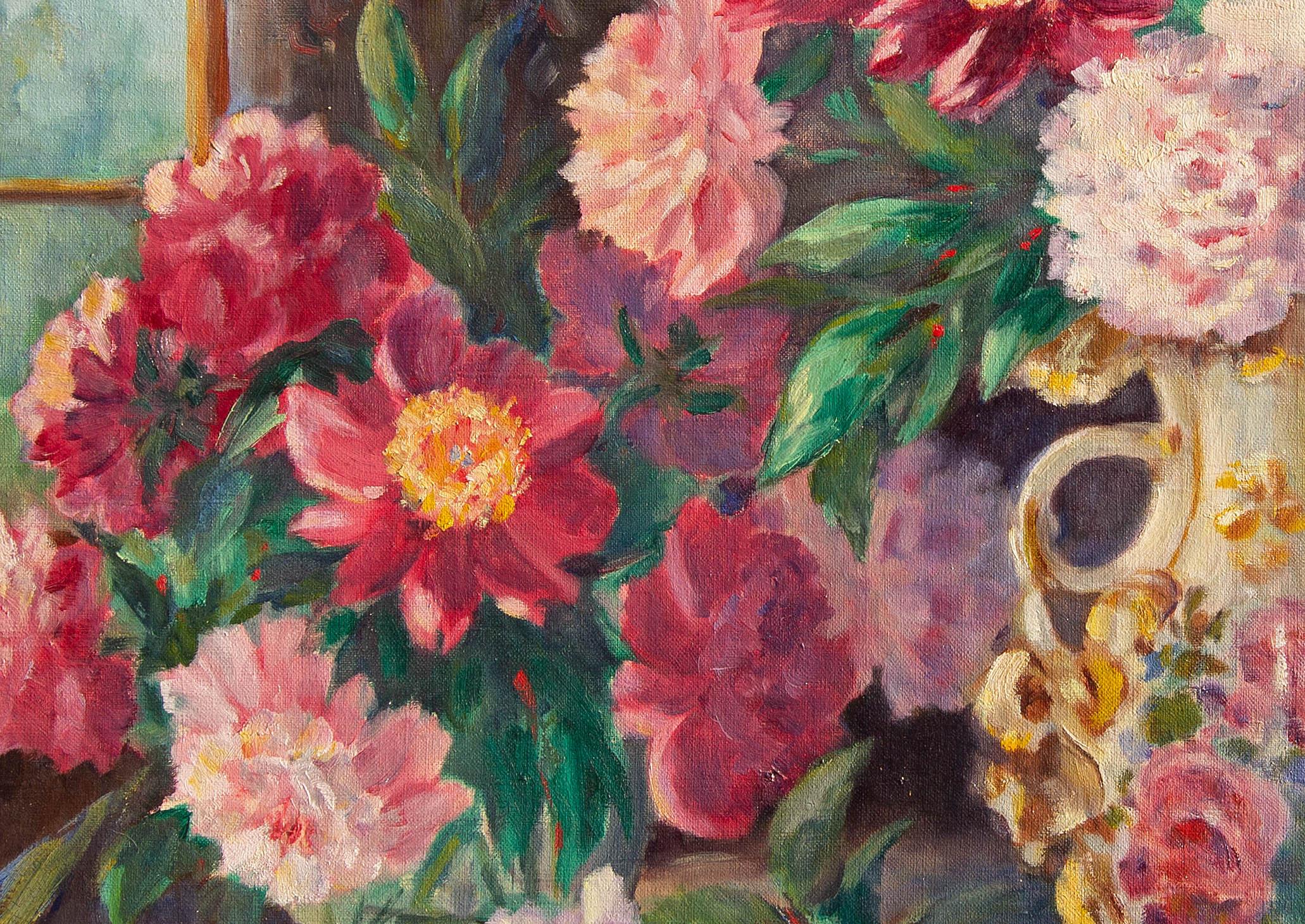 Early 20th century floral still life painting. Vibrant colors. Oil on canvas. Illegibly signed. Unframed.