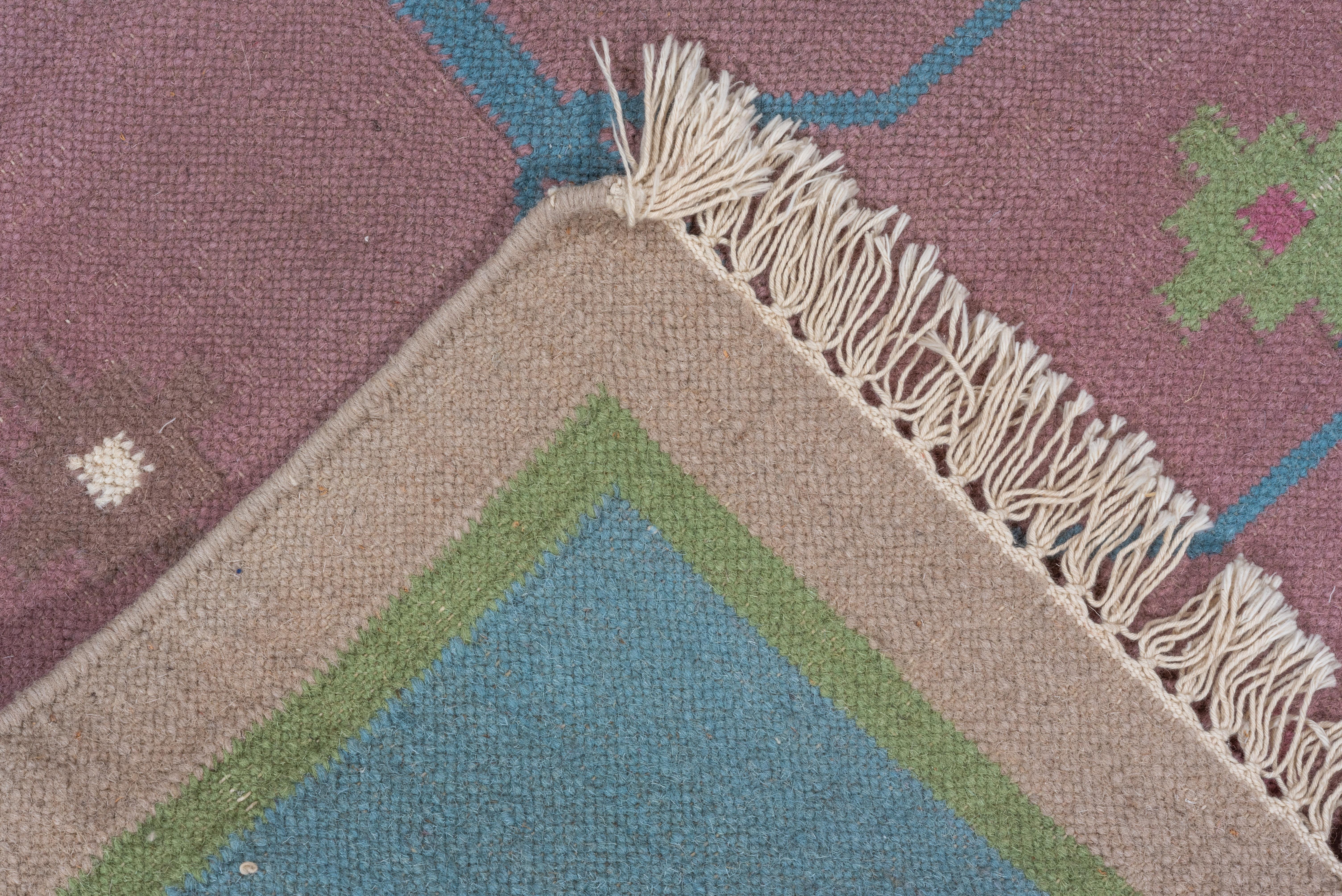 Wool Colorful Indian Dhurrie Art Deco Scatter Rug, Blue & Pink Field