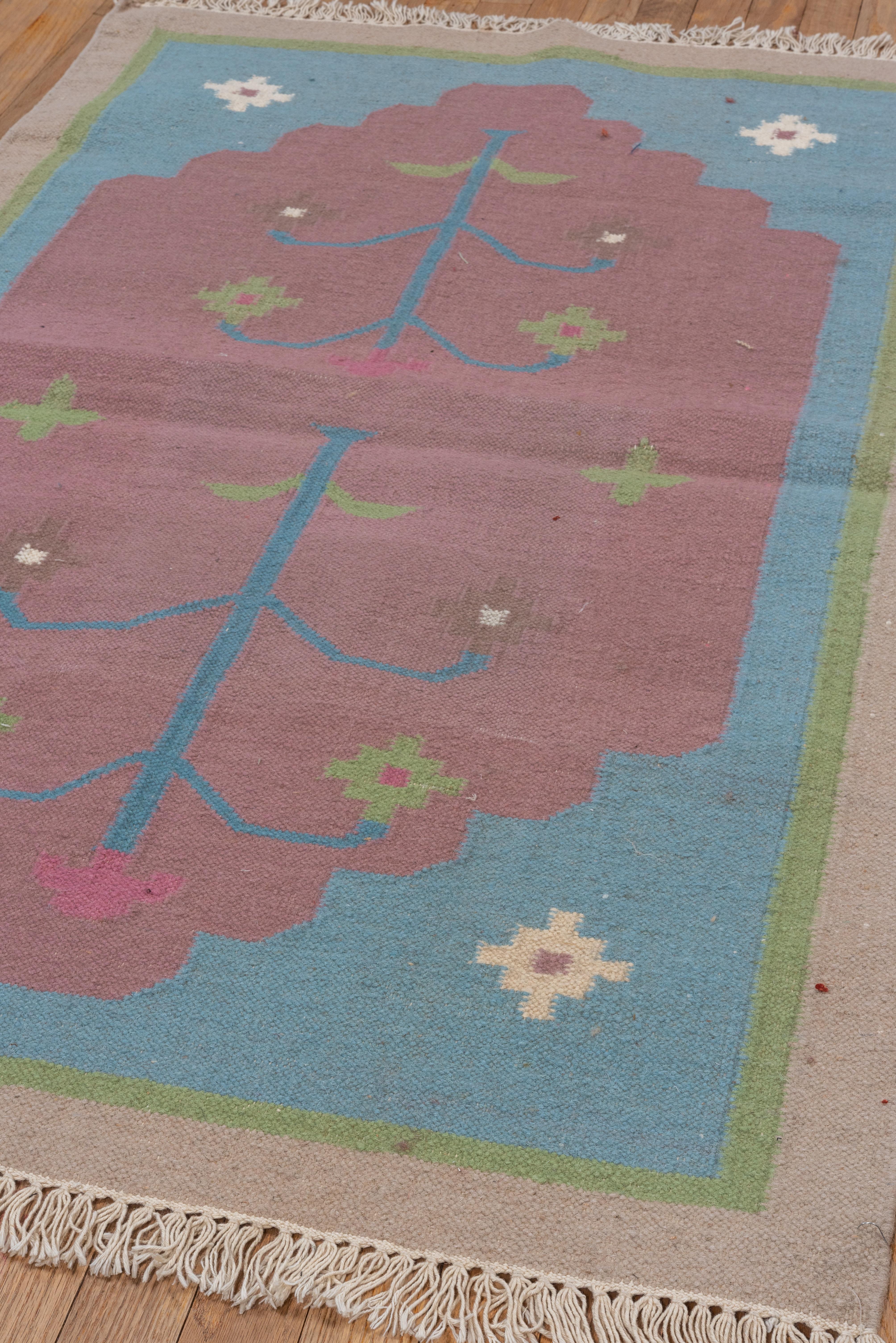 Colorful Indian Dhurrie Art Deco Scatter Rug, Blue & Pink Field 2
