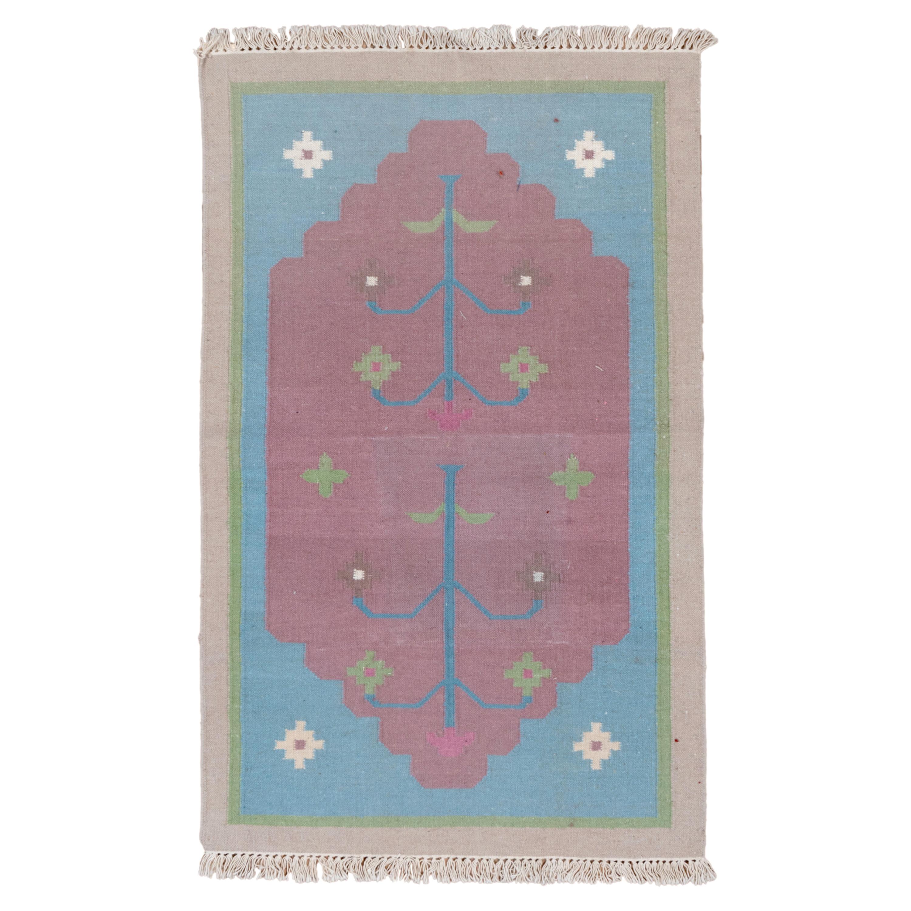 Vintage Indian Dhurrie Large Rug, Pink Open Field, Royal Blue Border