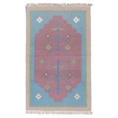 Retro Colorful Indian Dhurrie Art Deco Scatter Rug, Blue & Pink Field