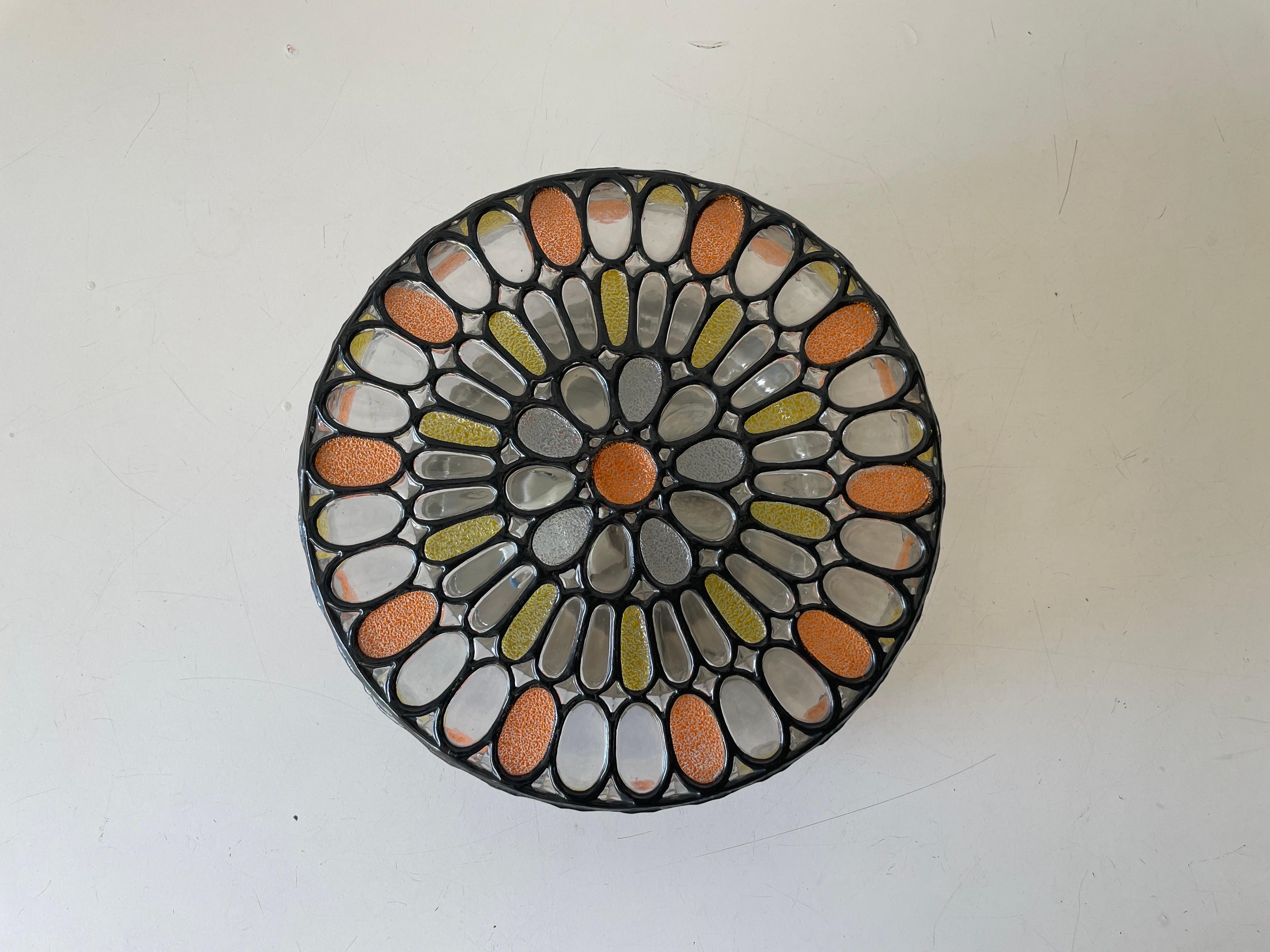 Wonderful colorful iron structured glass ceiling lamp by Limburg, 1960s Germany

Very elegant, round and rare design wall light or flush mount

It is very ideal and suitable for all living areas.

Lamp is in good condition. No damage, no crack.
Wear