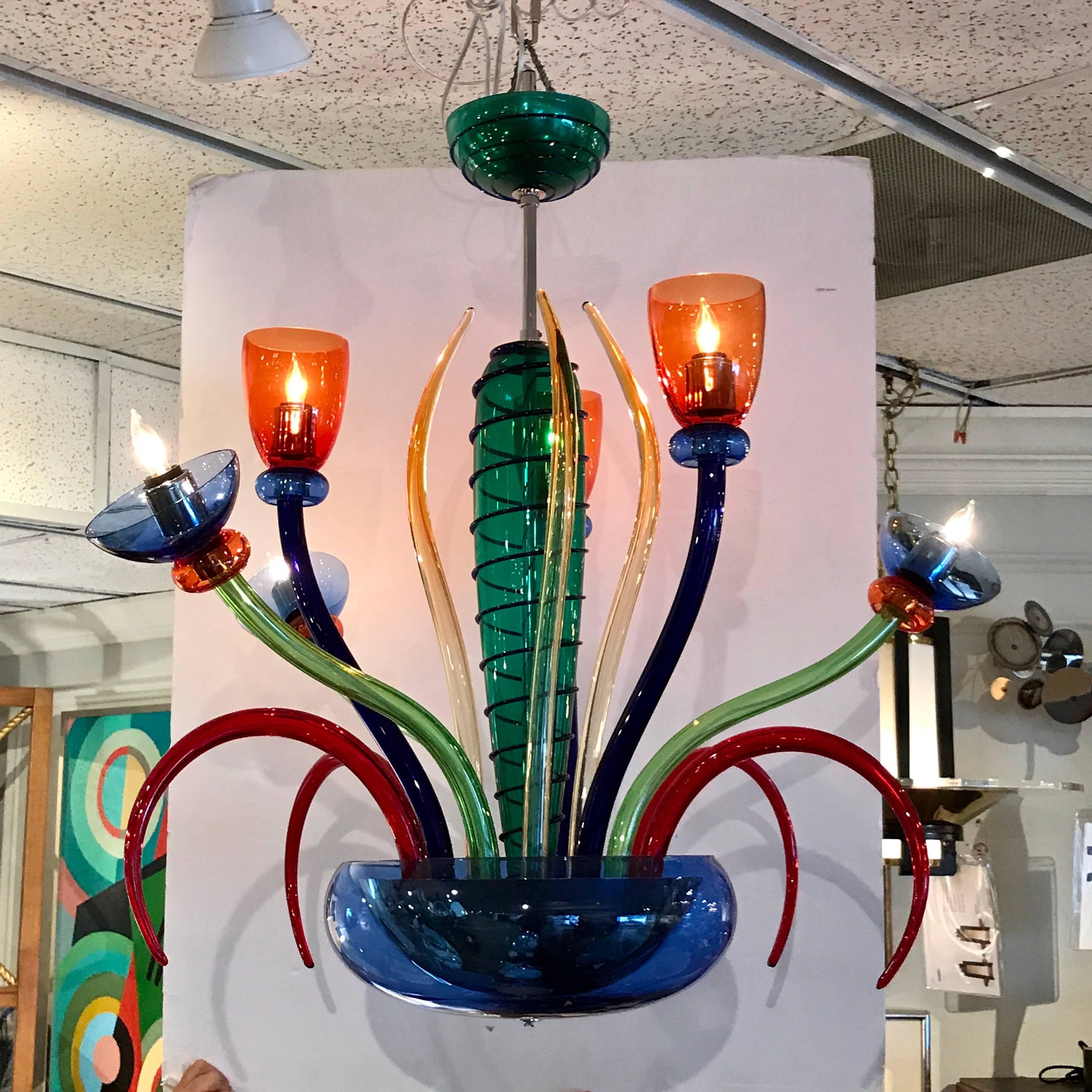 Colorful Italian Artimede Ve-Art Glass designed by Orni Halloween six-light chandelier in the manner of Gio Ponti.
  