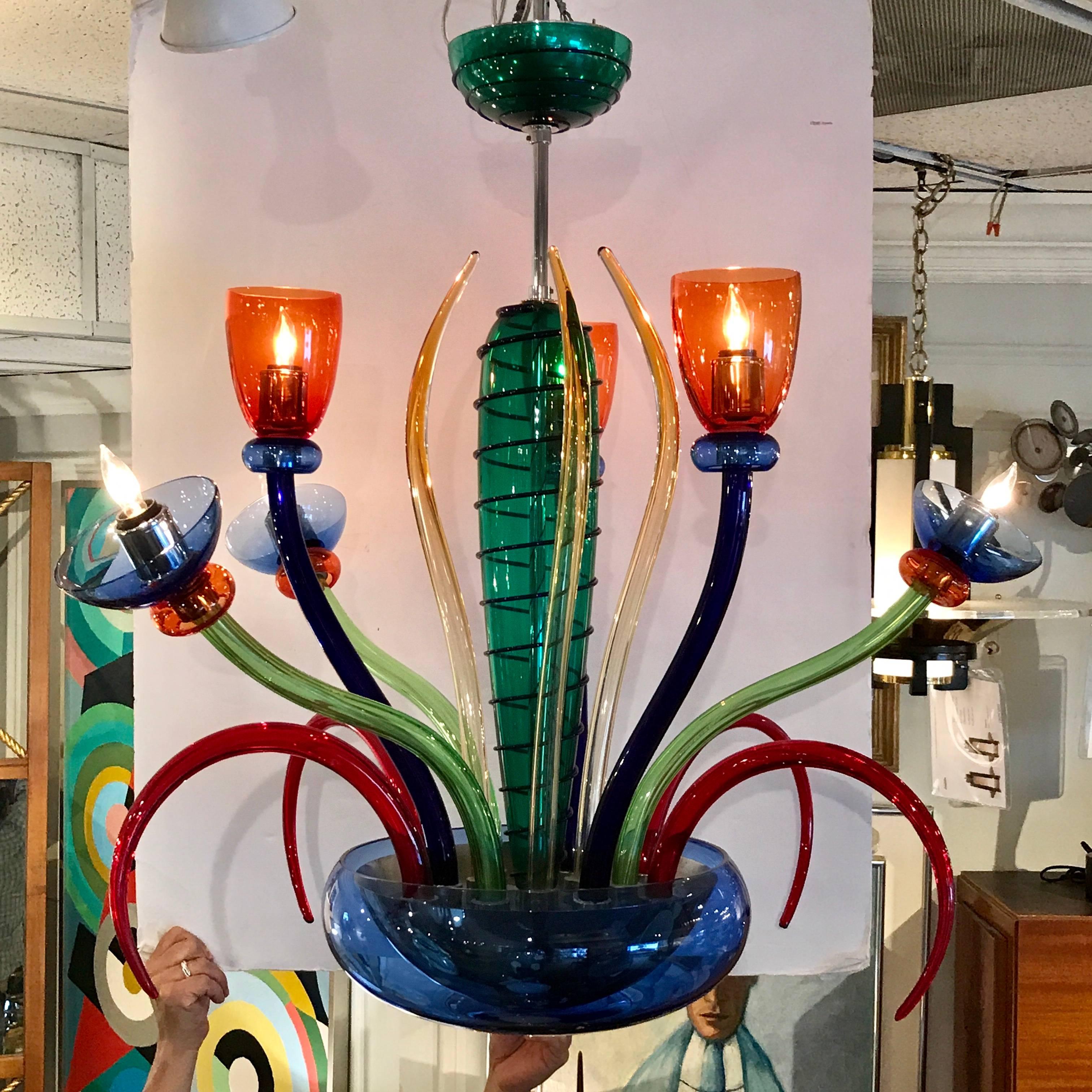 Mid-Century Modern Colorful Italian Artimede Ve-Art Glass Chandelier in the Manner of Gio Ponti For Sale
