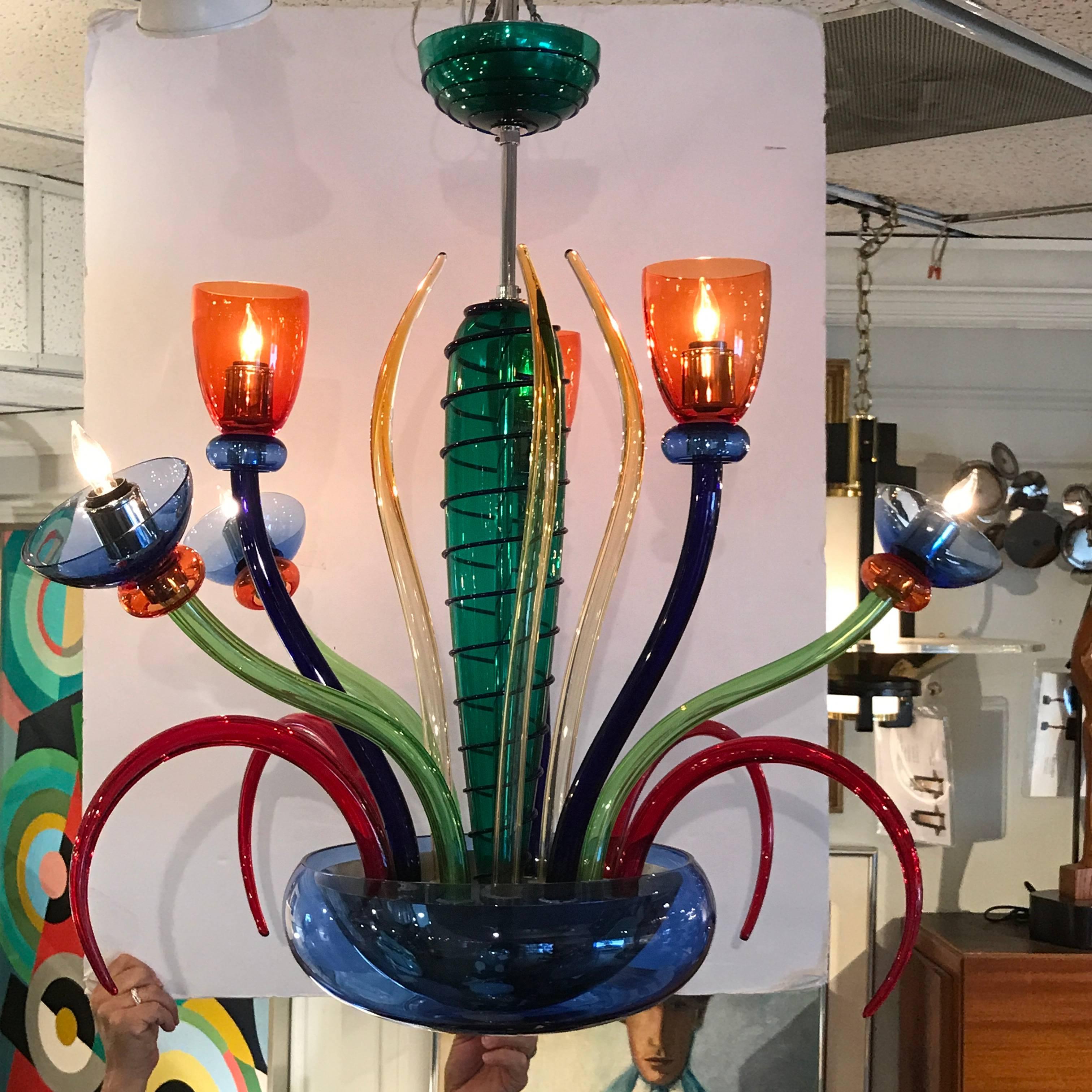 Colorful Italian Artimede Ve-Art Glass Chandelier in the Manner of Gio Ponti In Excellent Condition For Sale In Atlanta, GA
