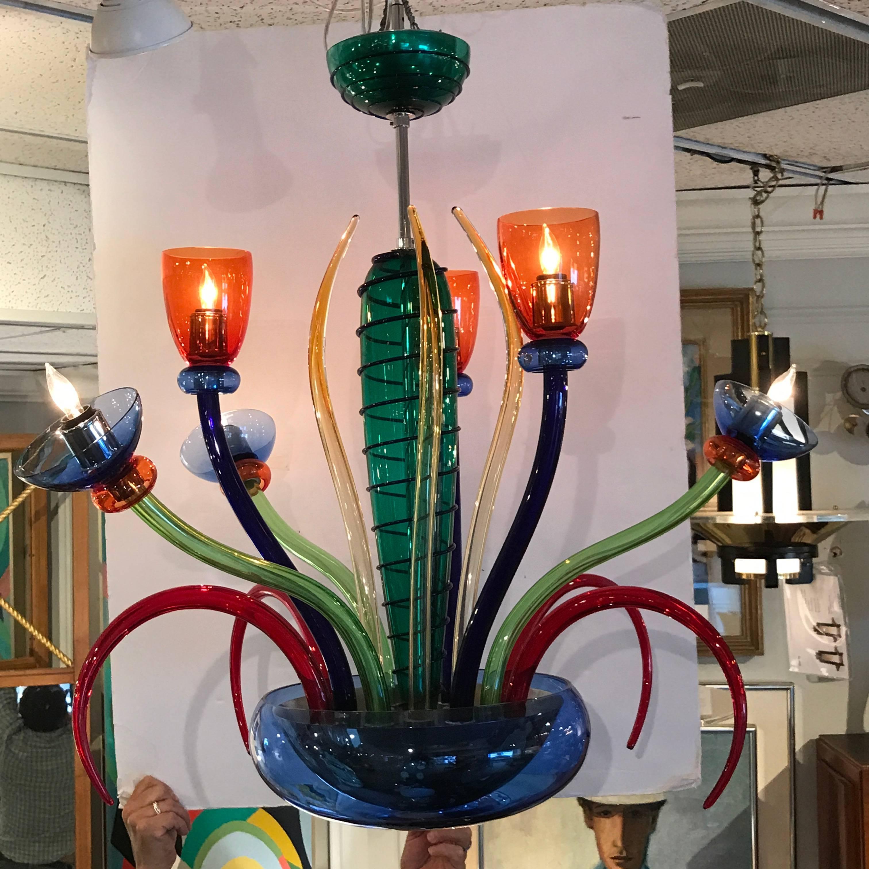 20th Century Colorful Italian Artimede Ve-Art Glass Chandelier in the Manner of Gio Ponti For Sale